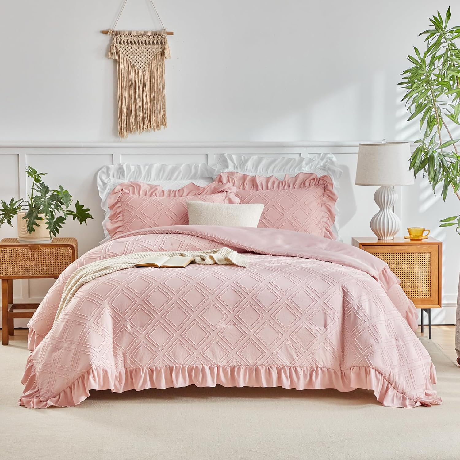 Flysheep Blush Pink Tufted Ruffle Comforter Set Twin Size