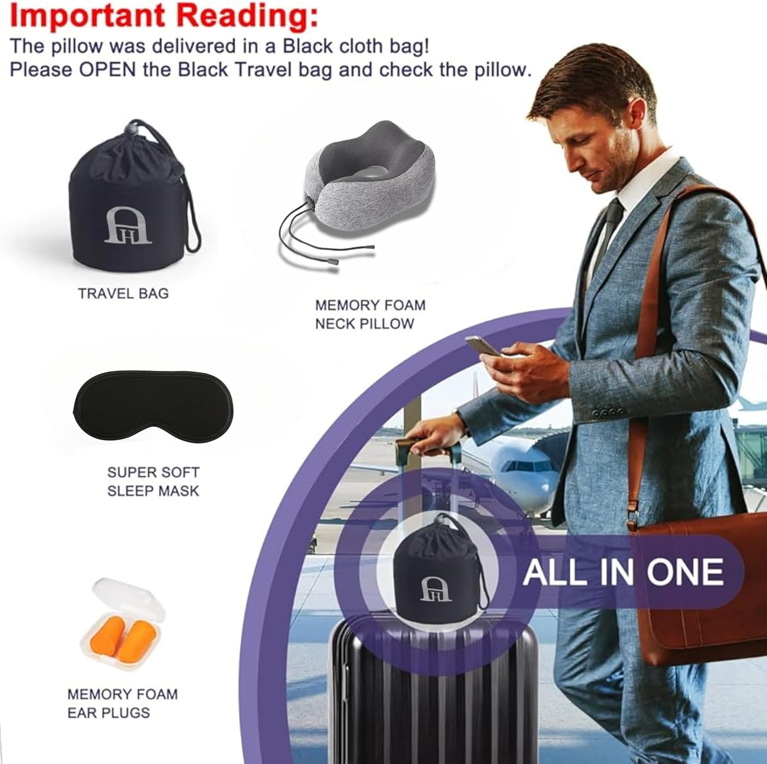 HA Travel Neck Pillow with Eye Mask and Earplugs