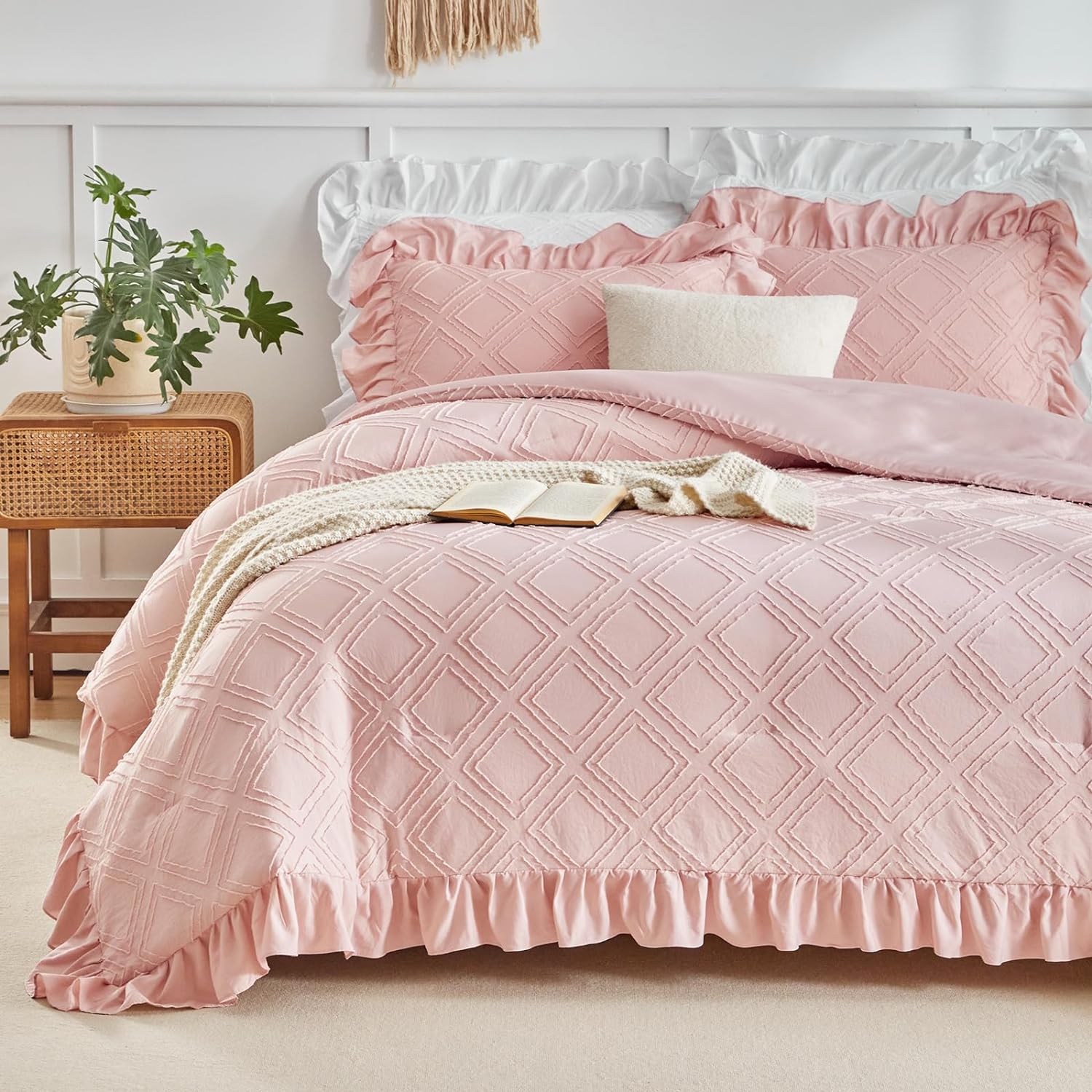 Flysheep Blush Pink Tufted Ruffle Comforter Set Twin Size