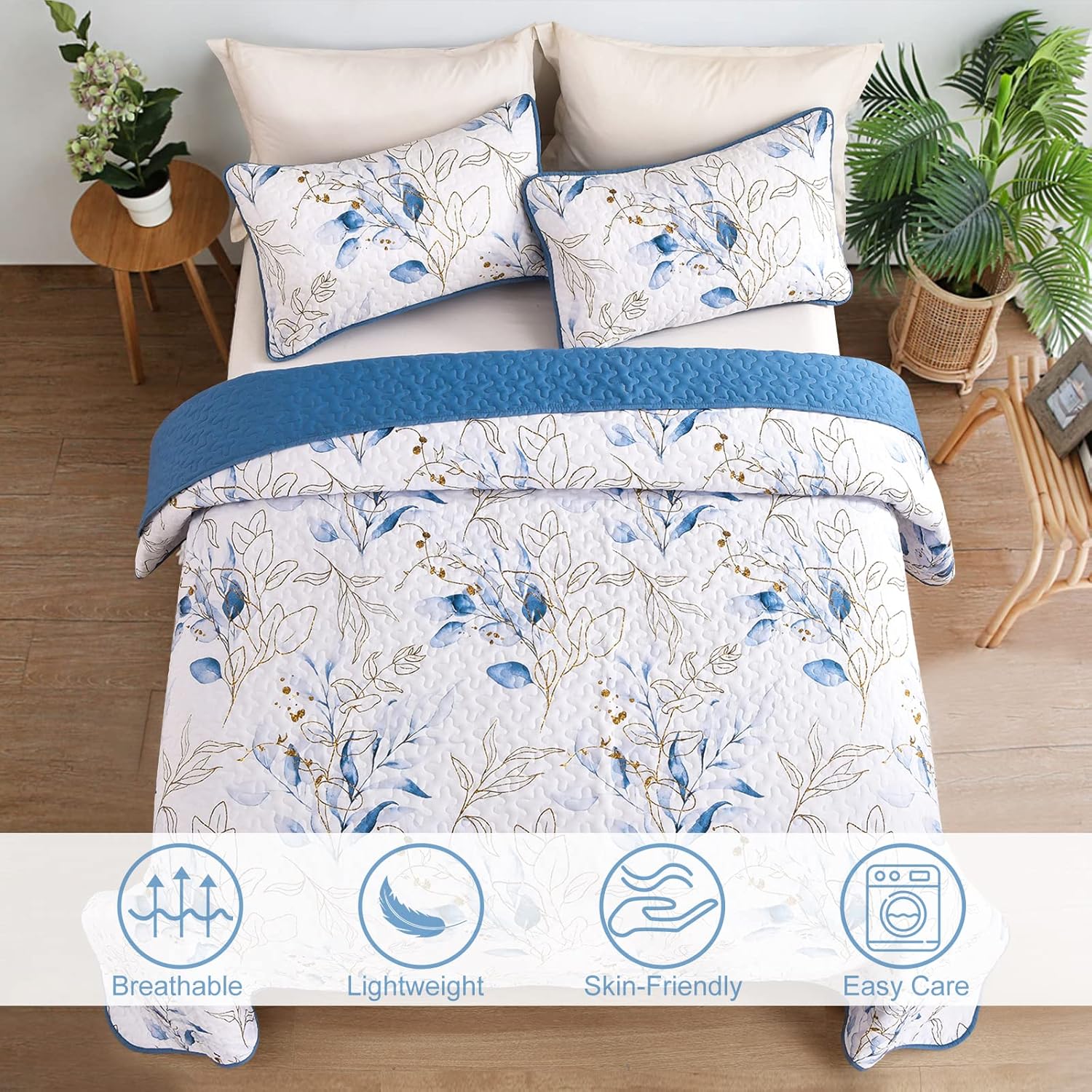 Anibedding Blue Quilt Set Queen 3 Piece