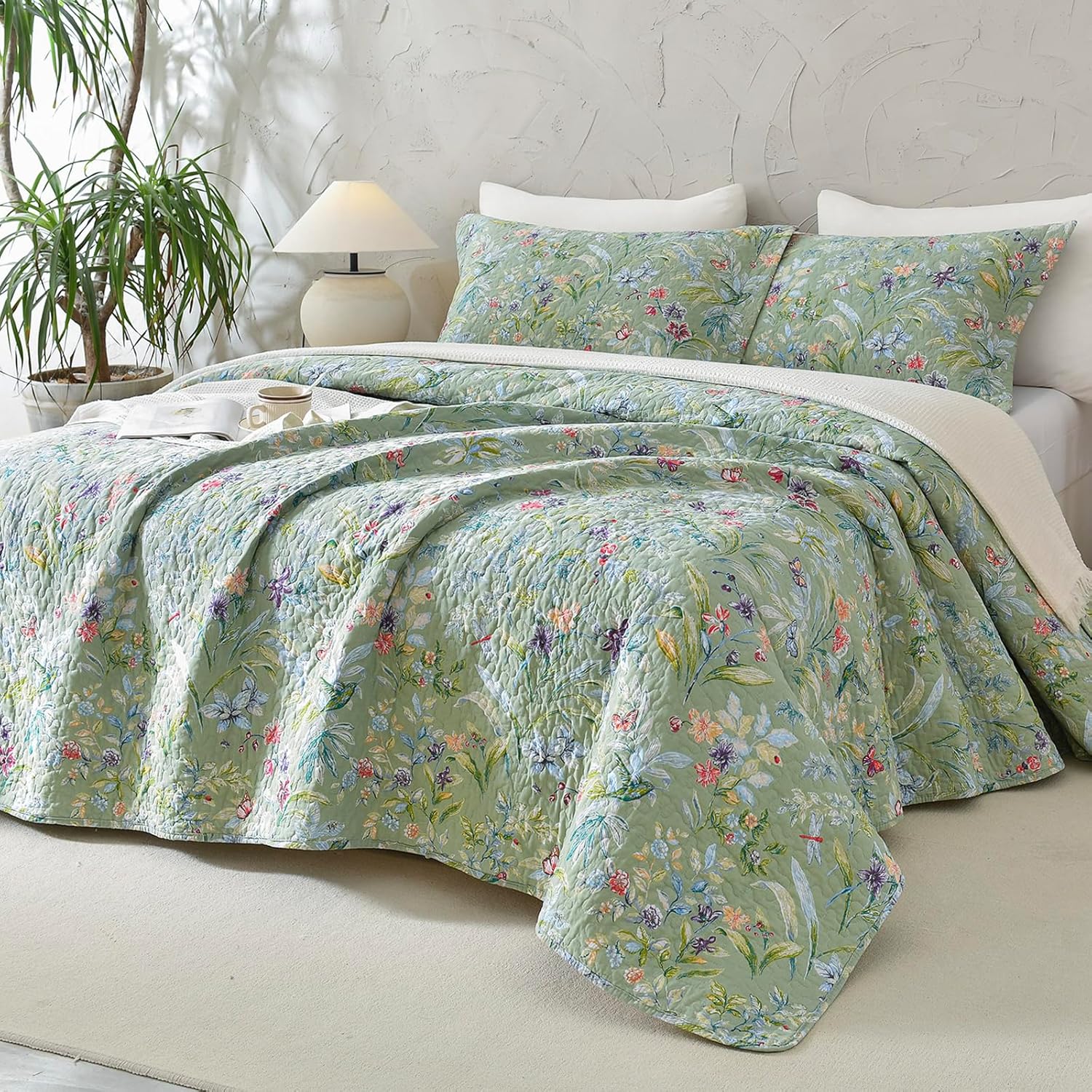 Lady Ann Green Floral 100 Cotton King Quilt Set