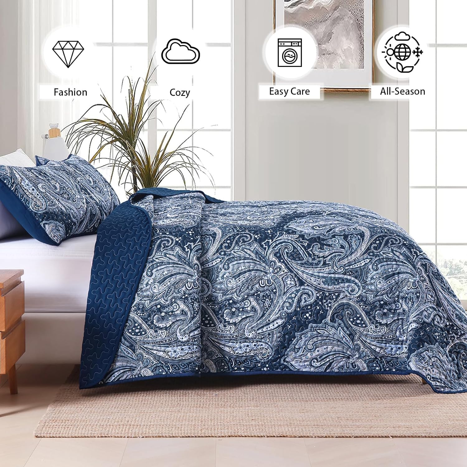 DJY Navy Paisley Quilt Set California King Size