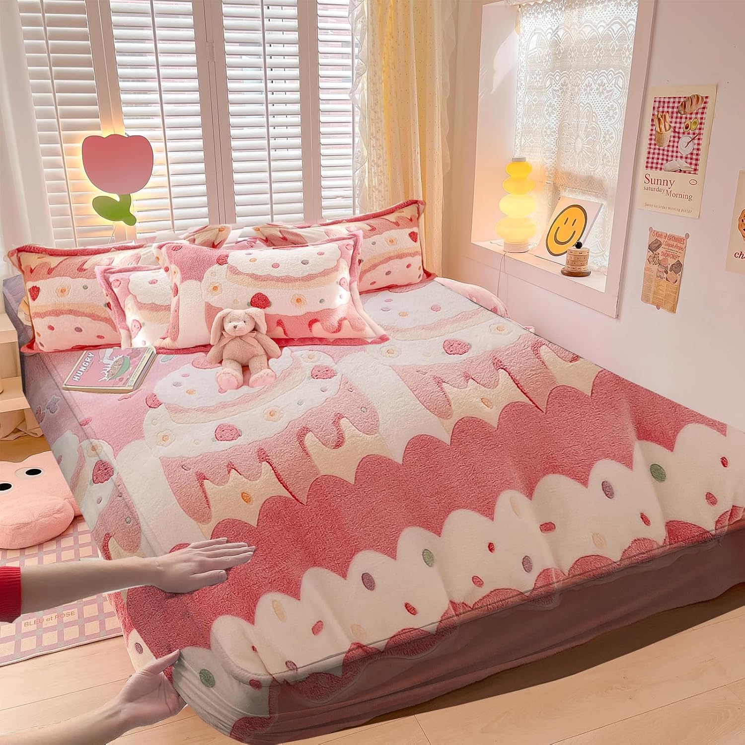 MorroMorn Fleece Fitted Sheet Twin XL Pink Kawaii Cute Design 1