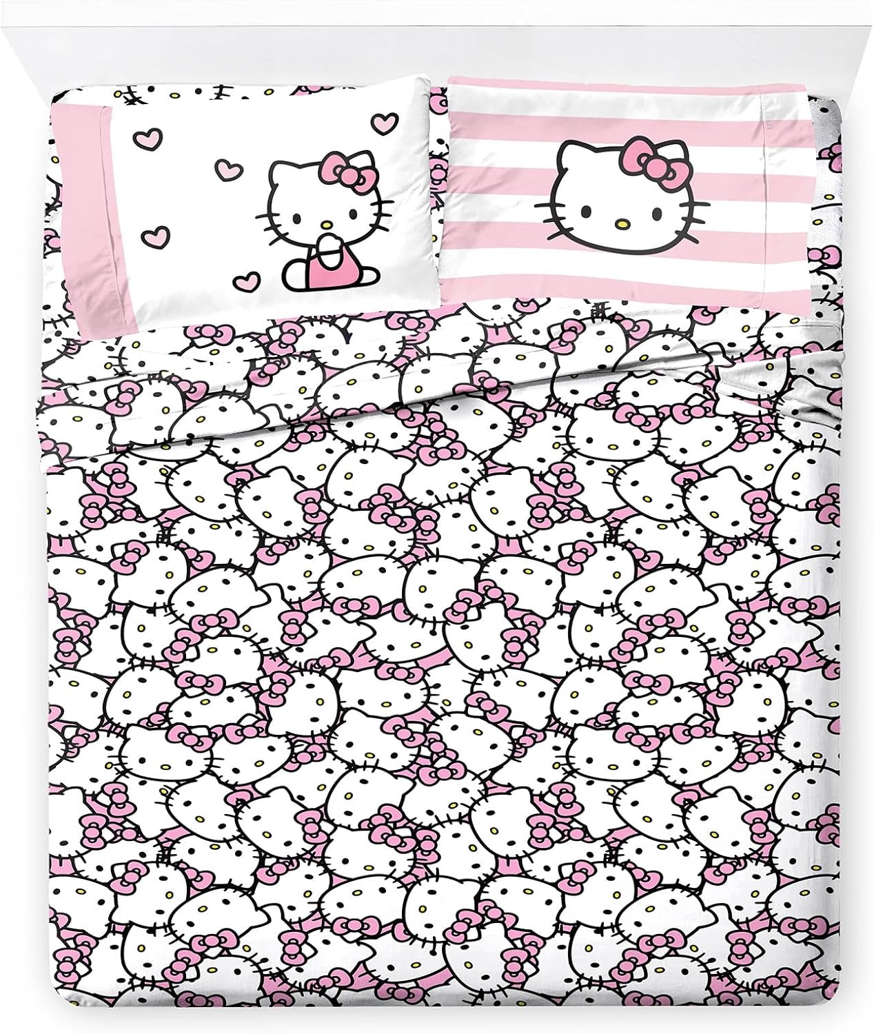 Jay Franco Hello Kitty Pink Stripes Hearts Sheet Set - 4 Piece Microfiber Bedding