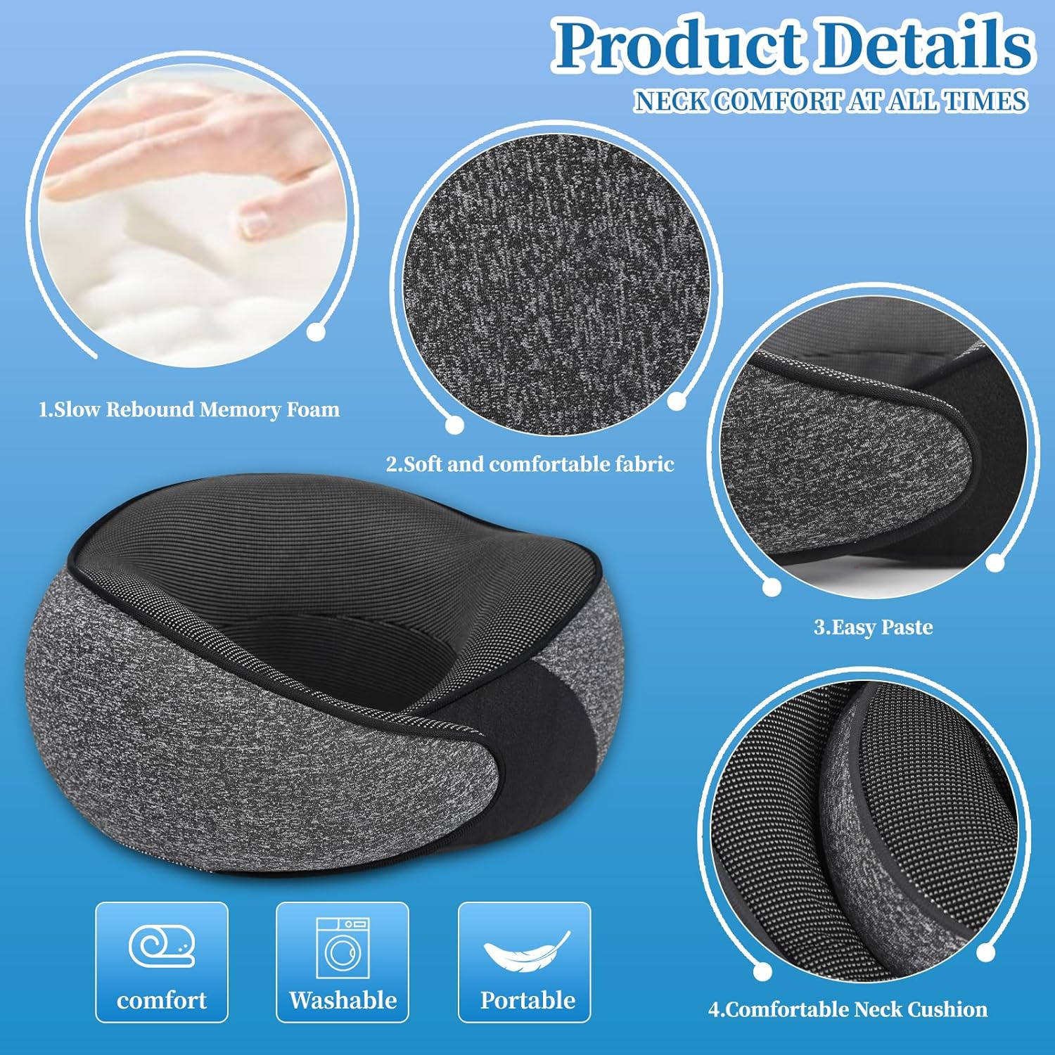 Memory Foam Travel Pillow for Airplane Lightweight and Stowable Dark Grey