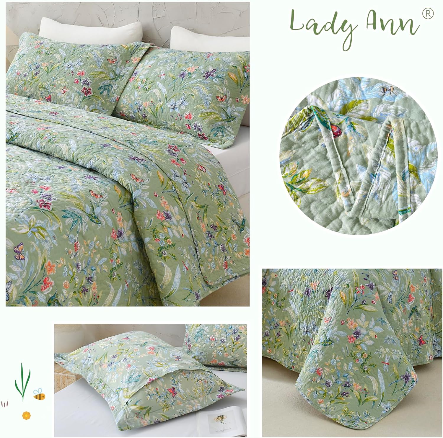 Lady Ann Green Floral 100 Cotton King Quilt Set