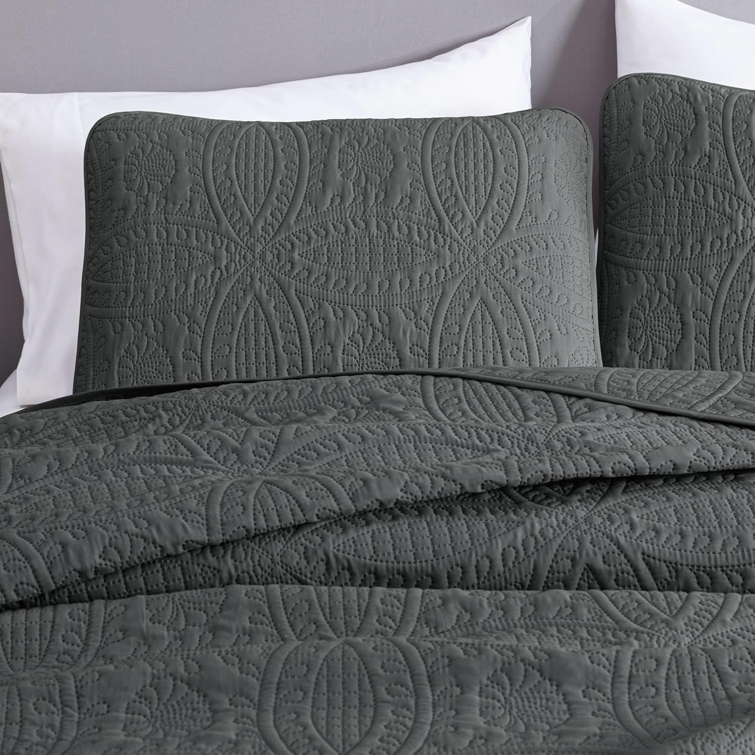 Chezmoi Austin 3-Piece Oversized Bedspread Set Queen Charcoal 1