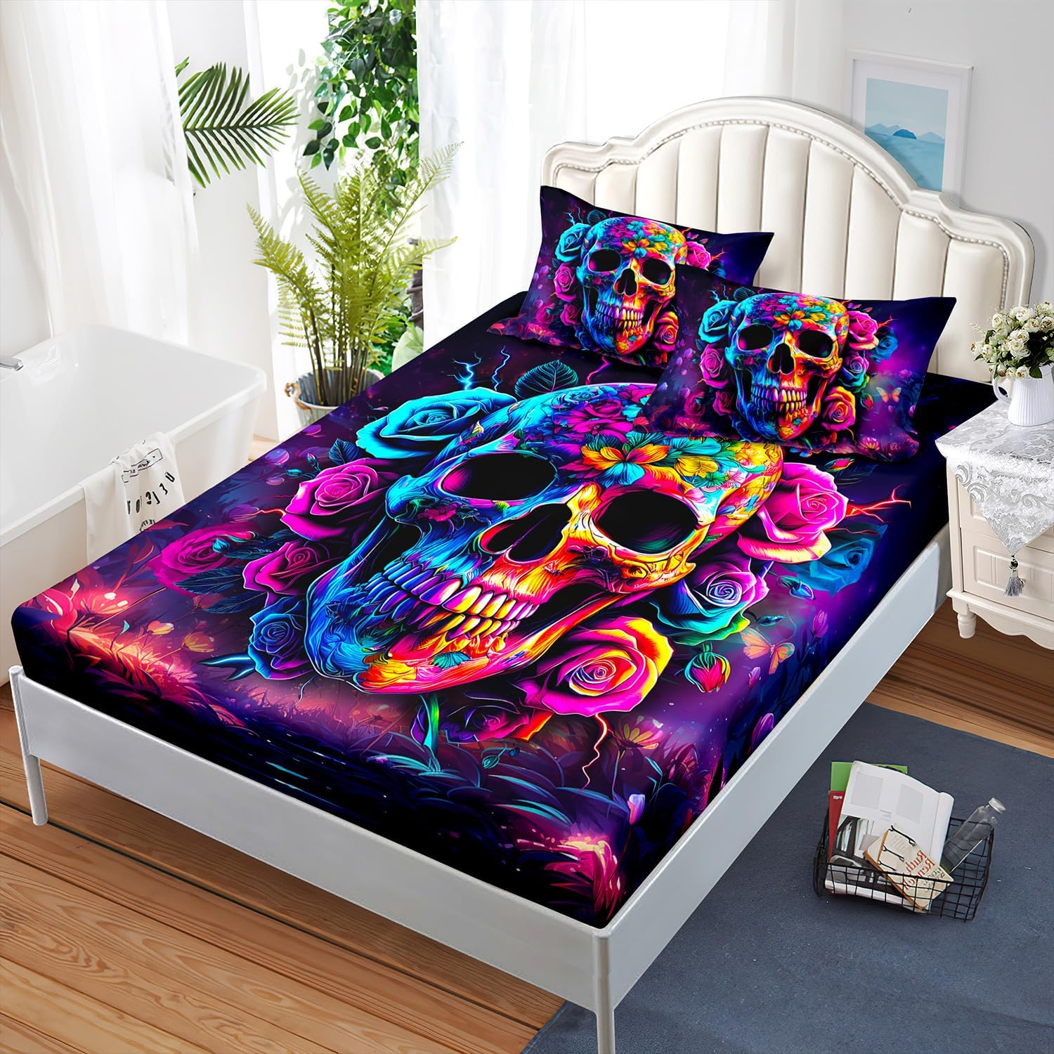 AILONEN Skull Print Fitted Sheet Set Twin XL