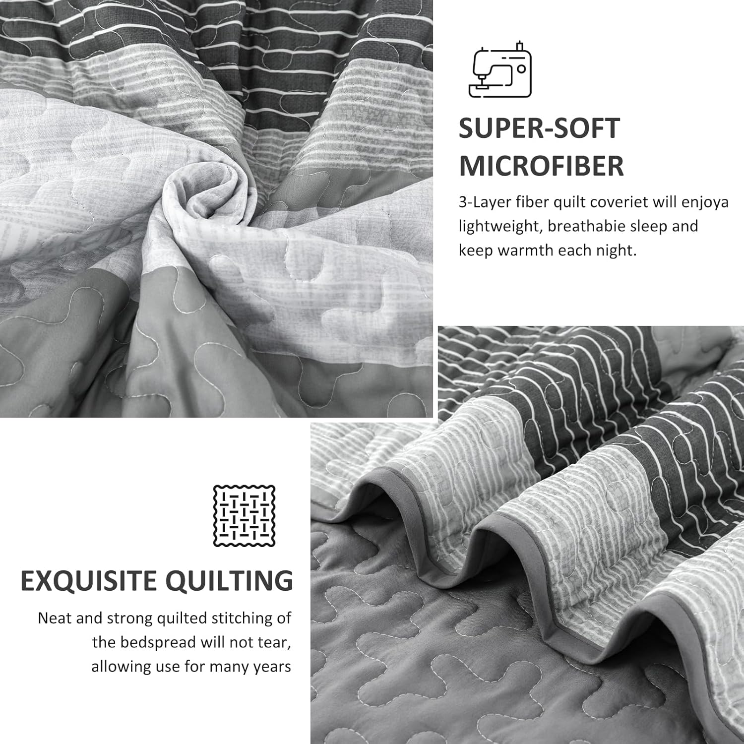 Djoymock Grey Striped Quilt Set 3 Piece Queen Size