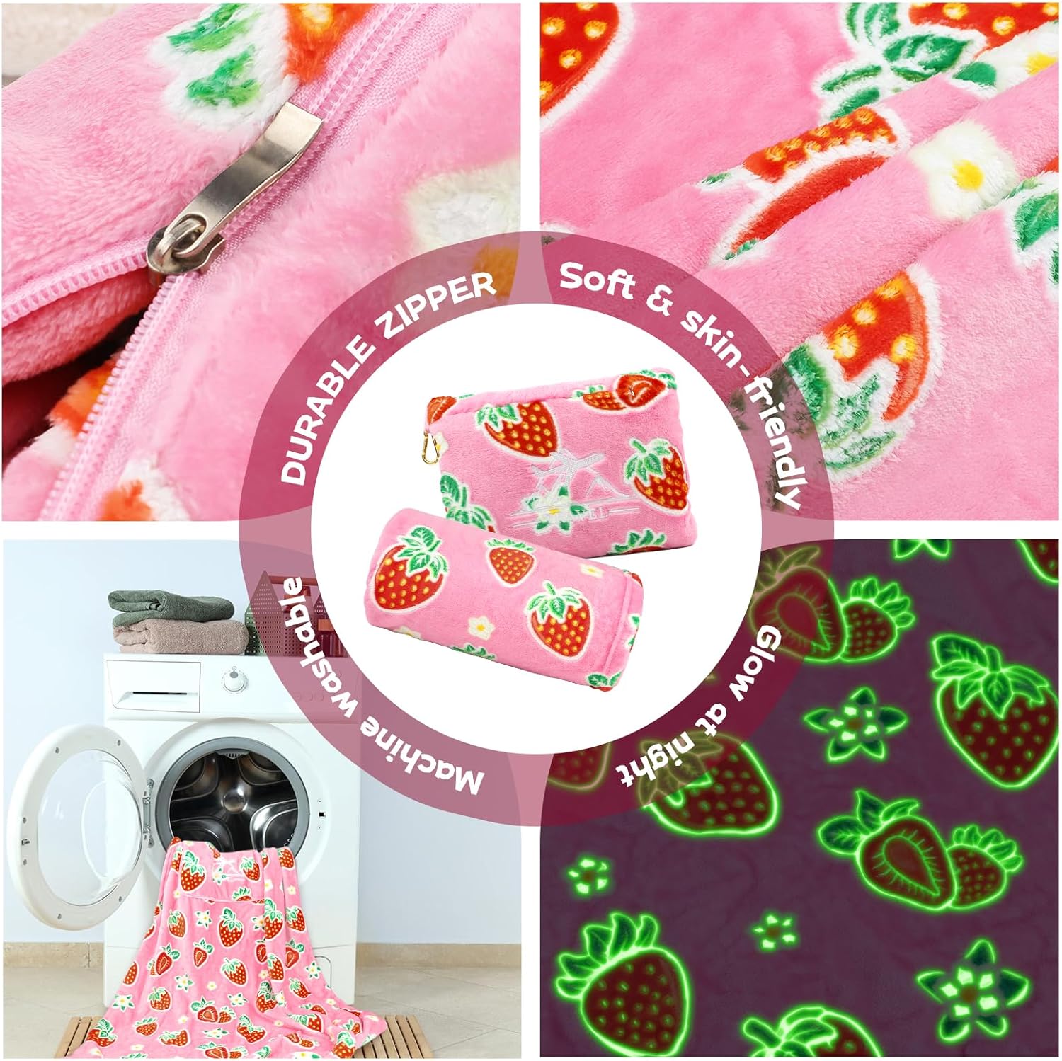 Glow in The Dark Strawberry Travel Blanket and Pillow Set