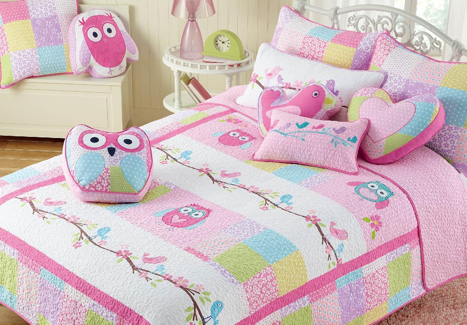 Cozy Line Pink Owl Quilt Bedding Set Queen 3 Piece