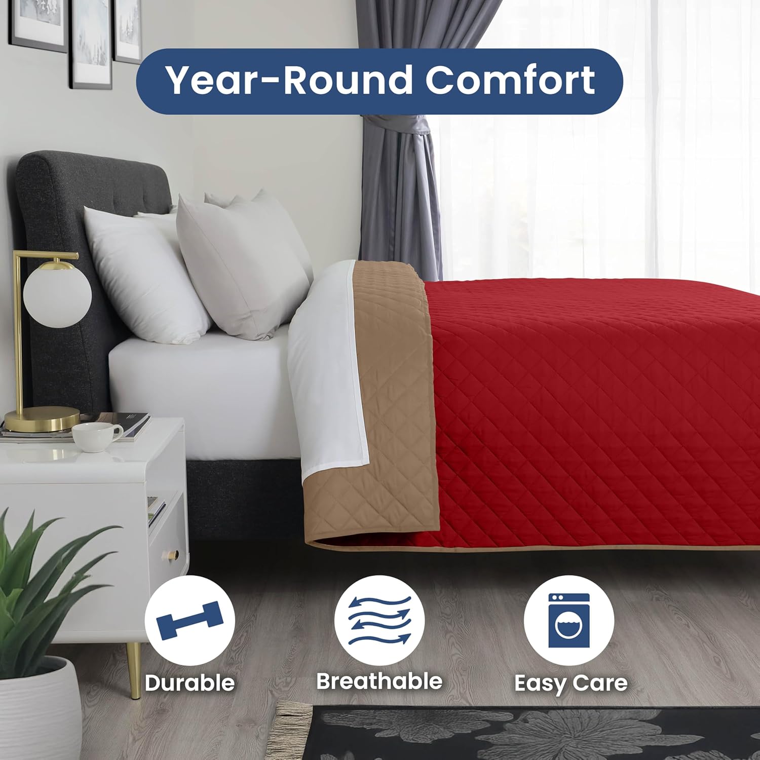Martex Reversible Coverlet Full Queen Bedding KhakiRed