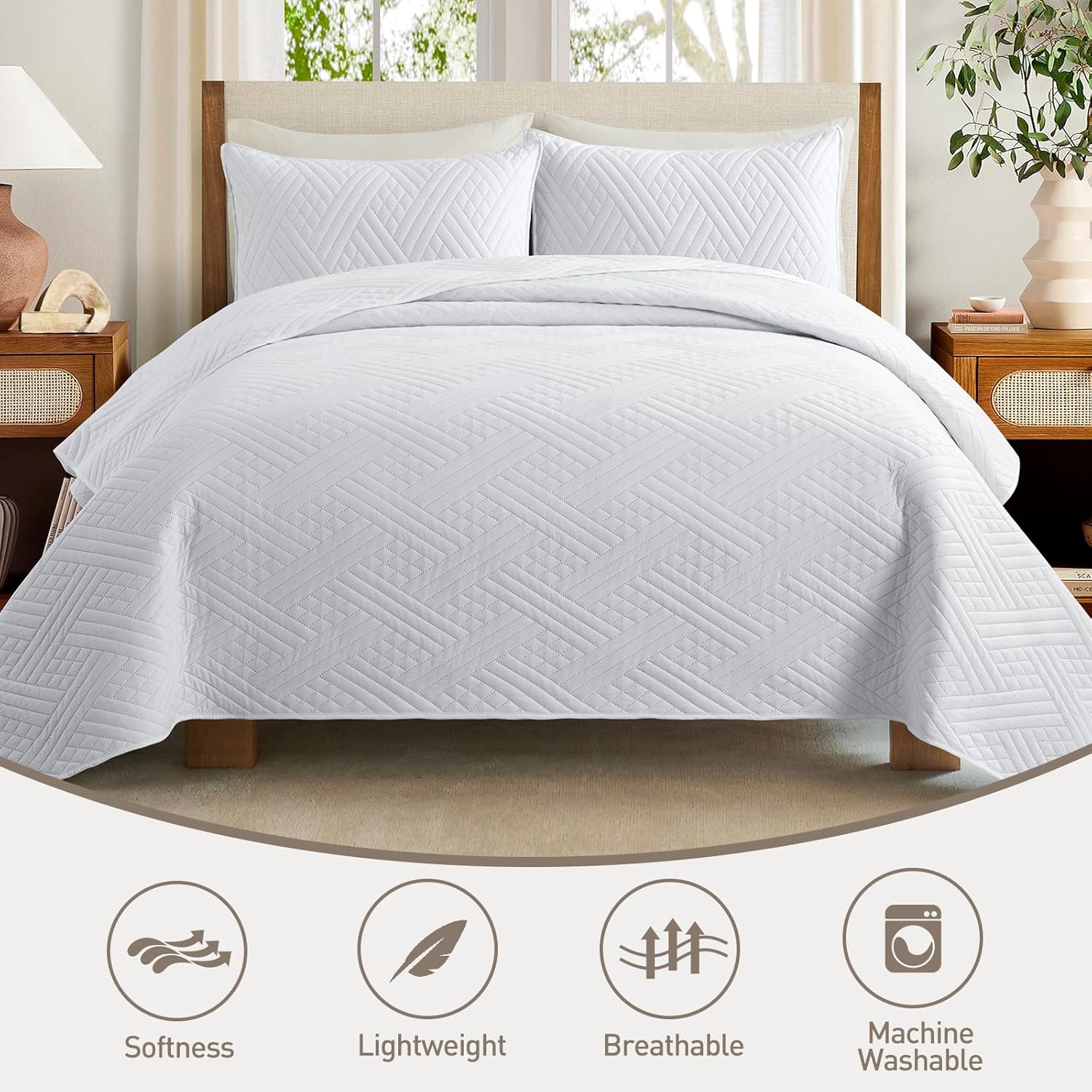 Safonory King Size Quilt Set - 106x96 White Striped Bedspread