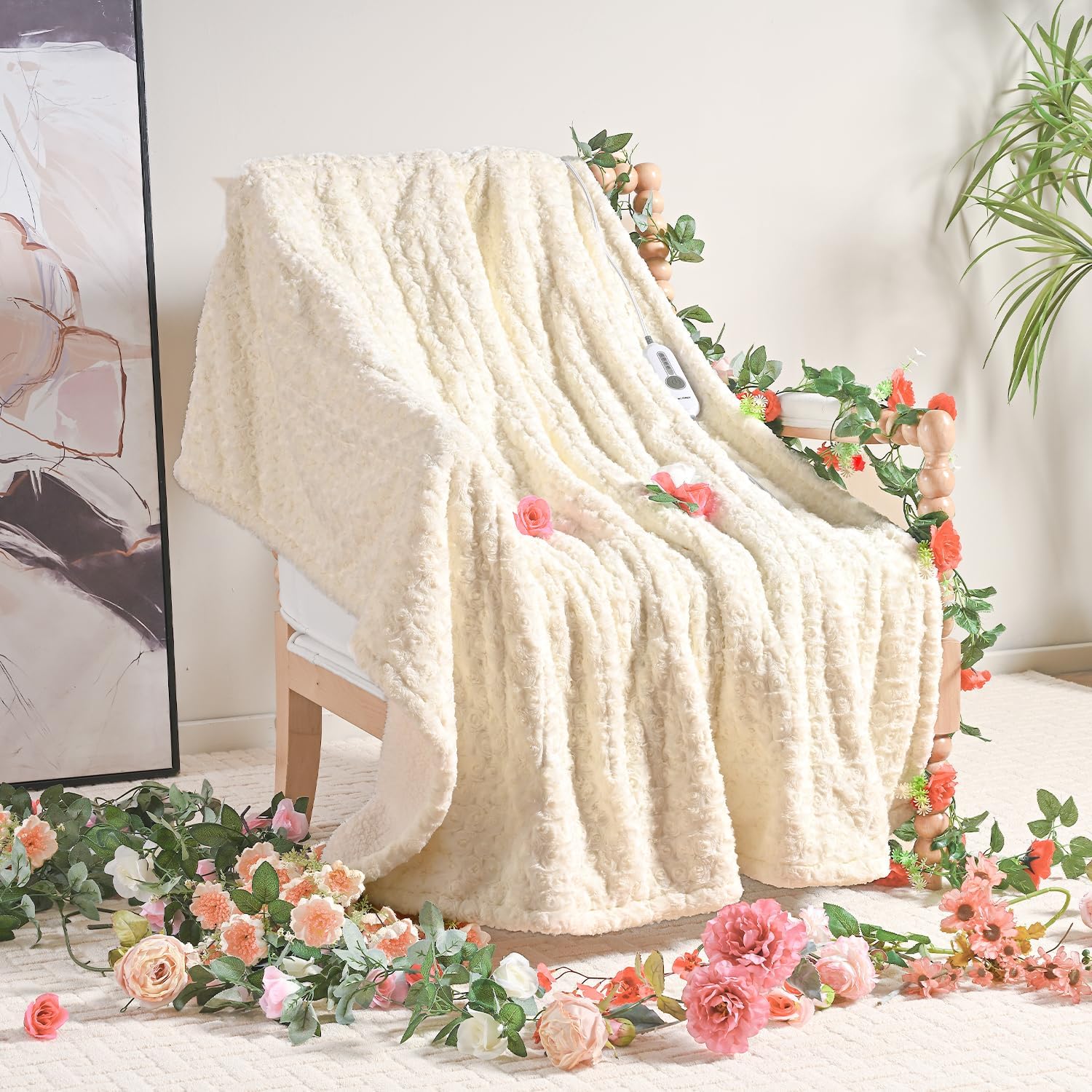 WOOMER Electric Heated Throw 50x60 Spring Blossom Faux Fur Sherpa