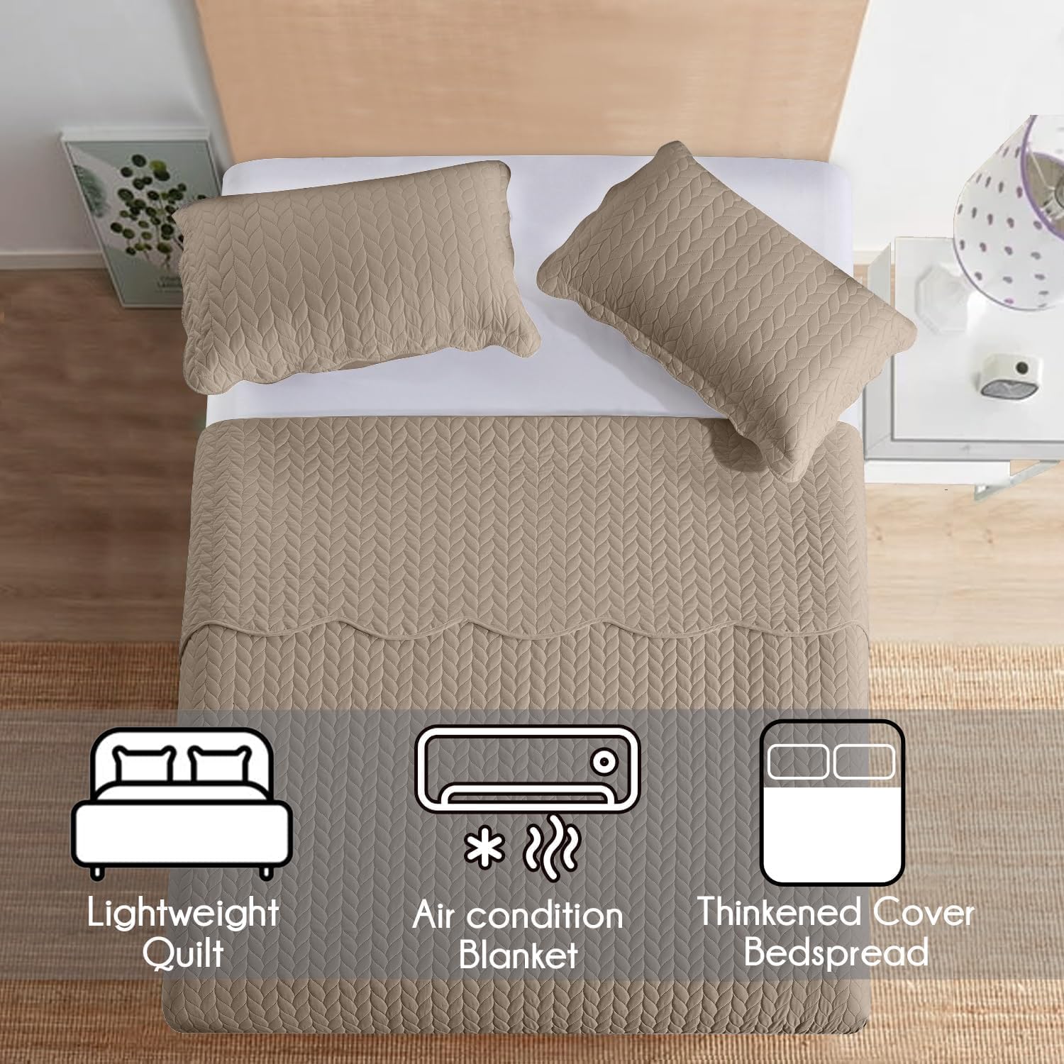 IR Imperial Rooms Queen Quilt Bedding Set 90x96 - 3 Pcs Beige Microfiber