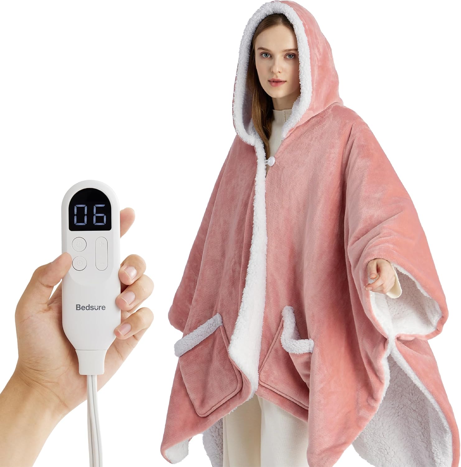 Bedsure Heated Shawl Hoodie - Pink 55x64 Inches