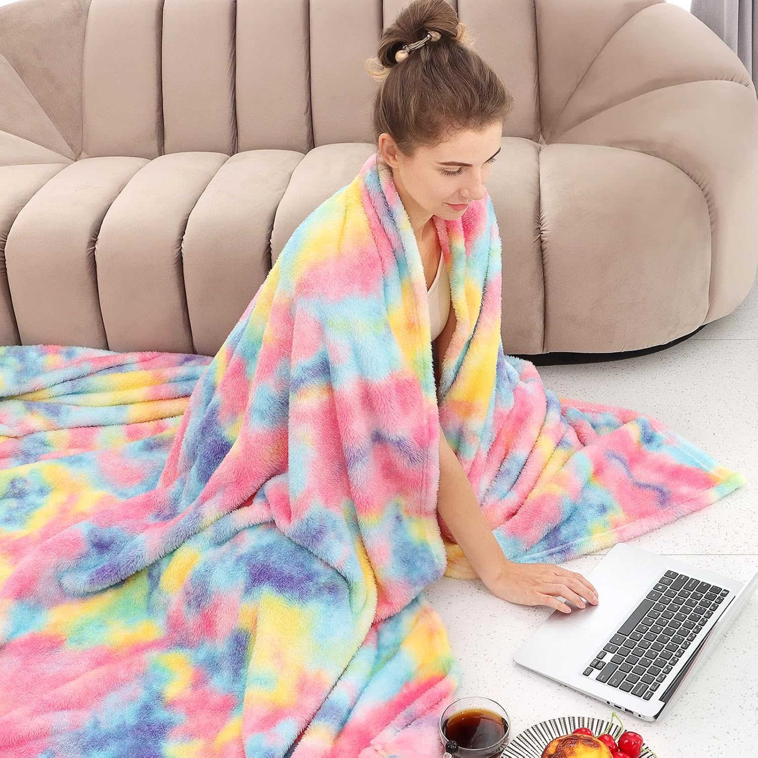 Obinsm Rainbow Fuzzy Throw Blanket for Couch and Bed