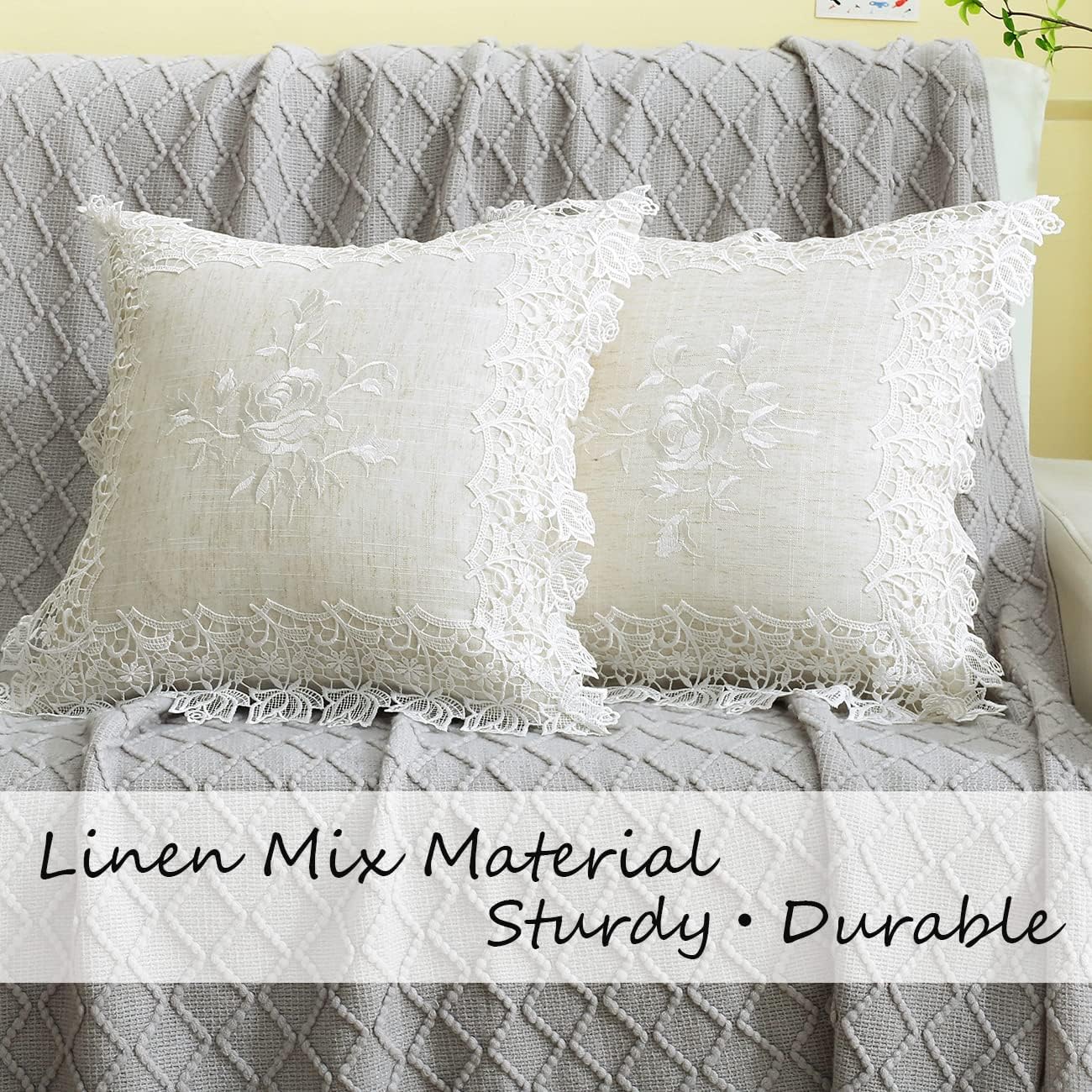 2 Pack Embroidered Spring Floral Throw Pillow Covers 18x18 Inches