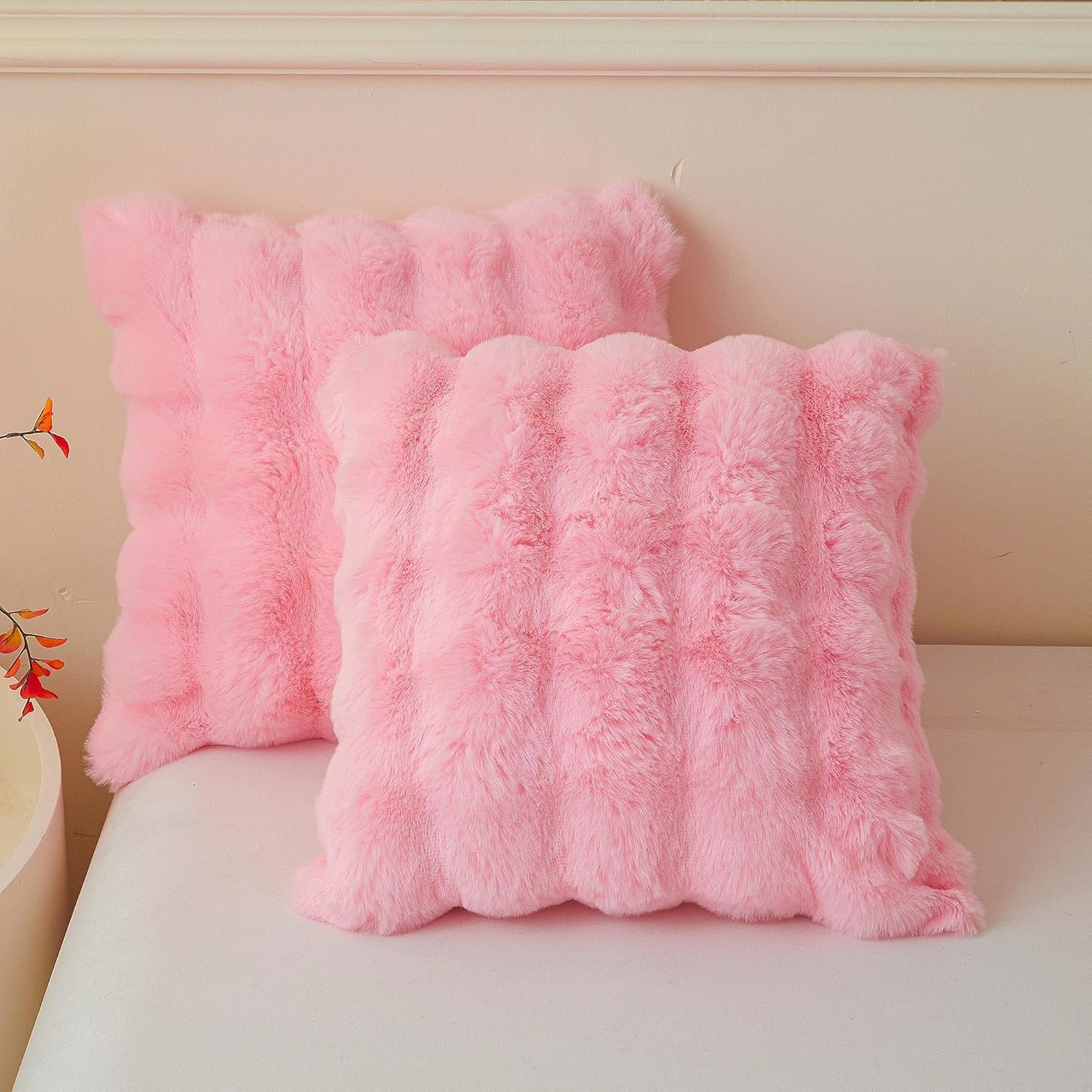 LIFEREVO Fluffy Faux Rabbit Fur Pillow Covers Pink 18x18