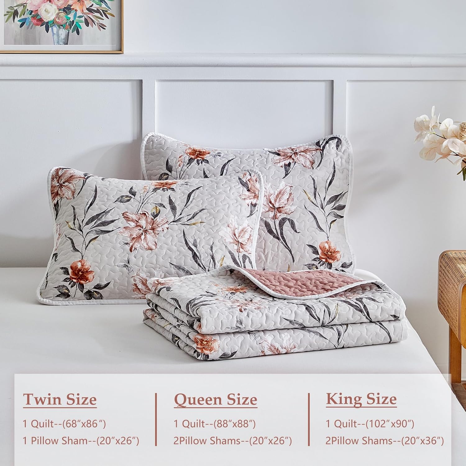 Shxime Floral Quilt Set 3 Pieces Queen Size
