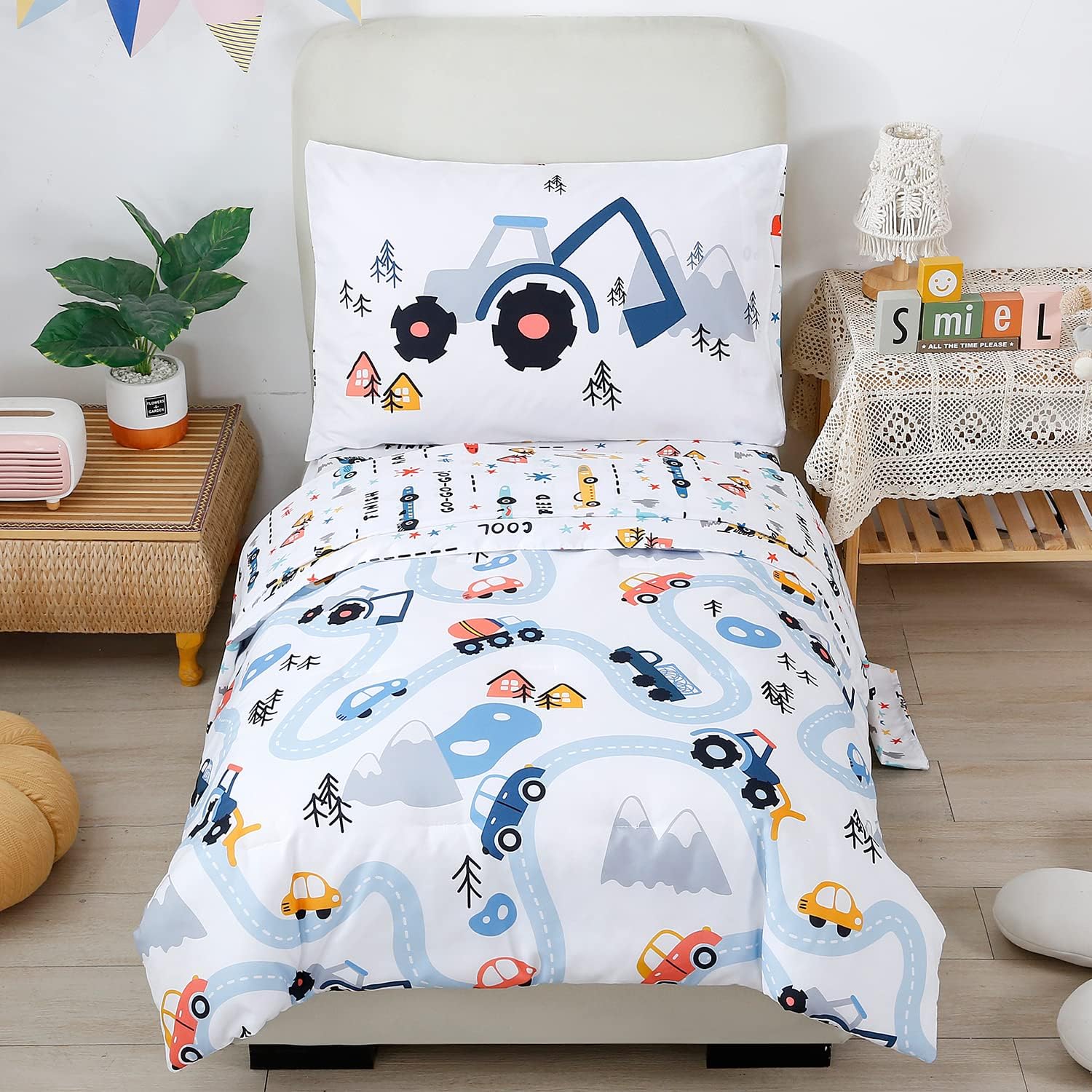 PERFEMET Car Toddler Bedding 4 Piece Set for Boys and Girls