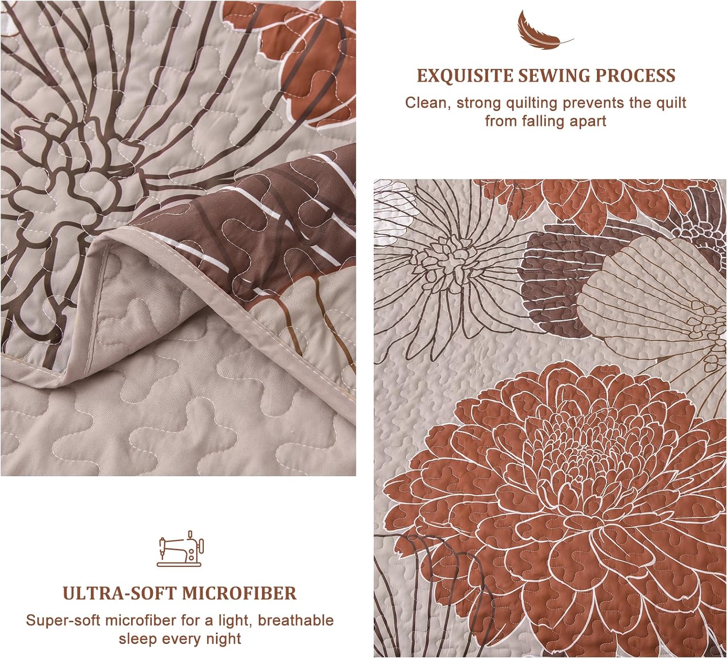 Anibedding King Quilt Set Brown Floral Pattern 3 Piece 1