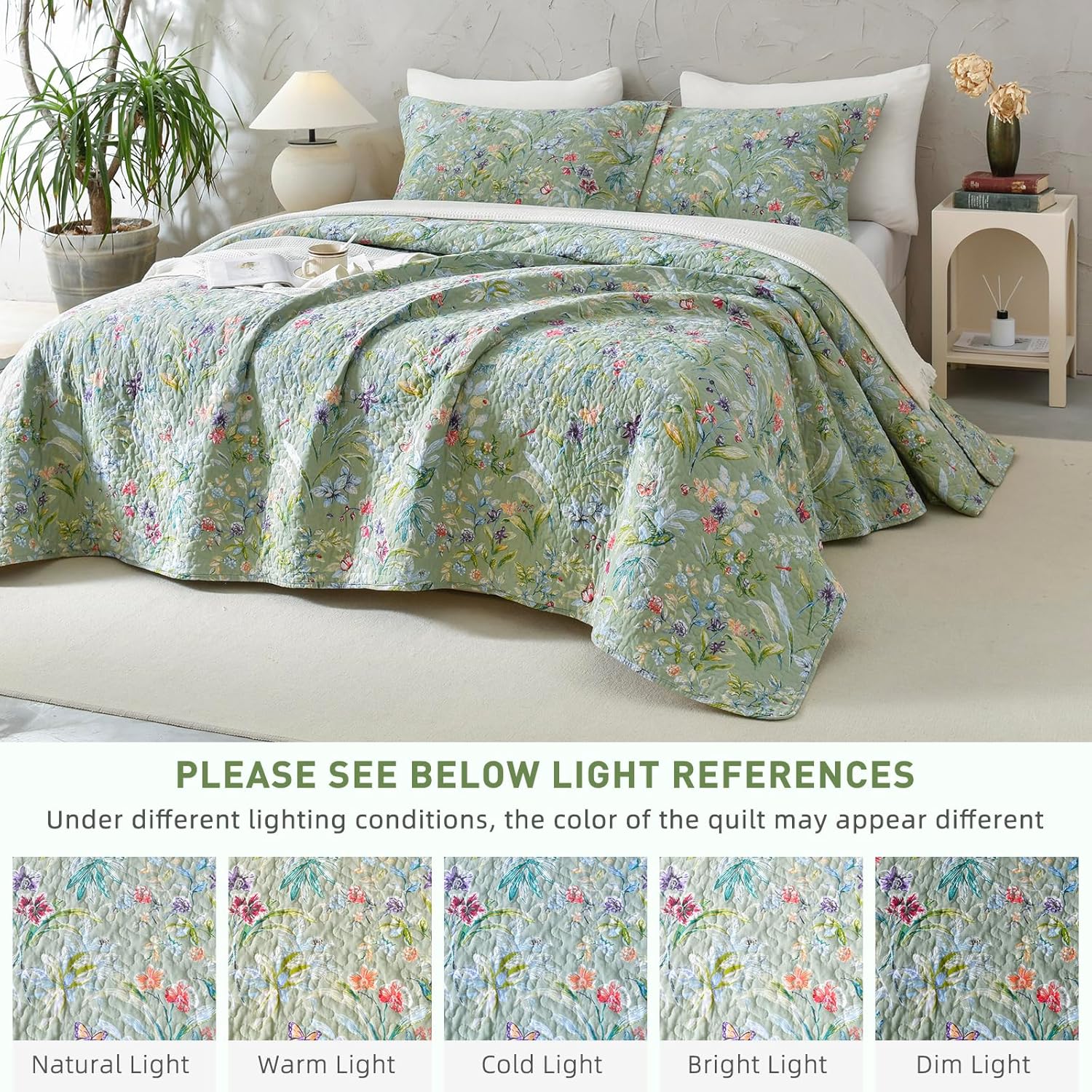 Lady Ann Green Floral 100 Cotton King Quilt Set