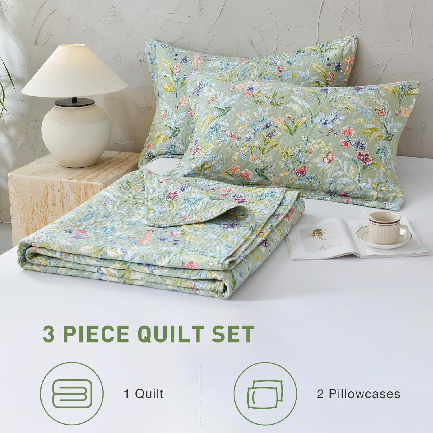 Lady Ann Green Floral 100 Cotton King Quilt Set