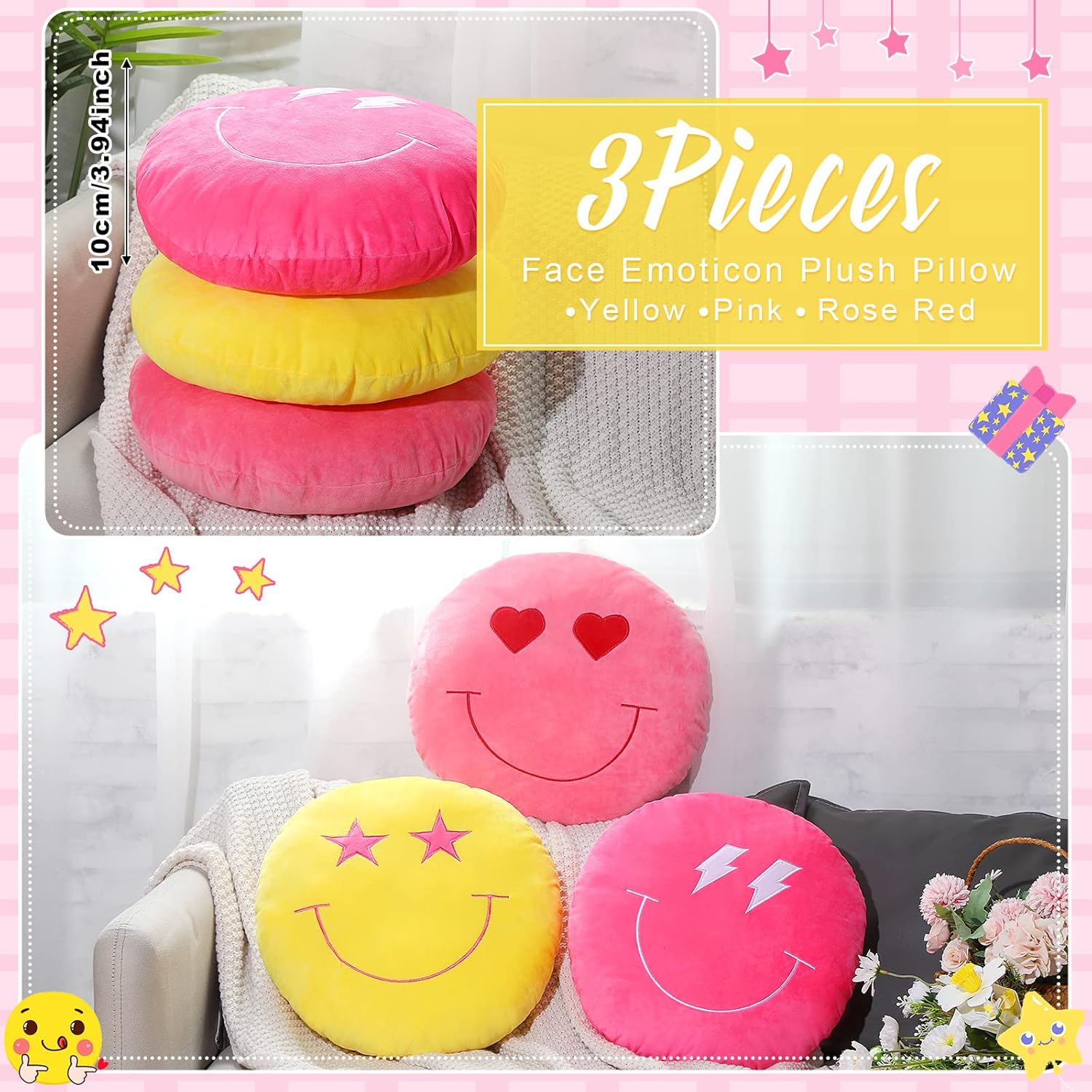 3 Pcs 16 Inch Emoticon Cushion Plush Pillow with Embroidery