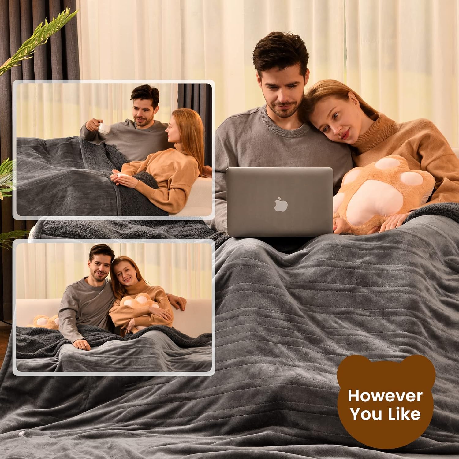 Bearhug Heated Throw Blanket with Dual Controller 62 x 84 Gray-Velvet Sherpa