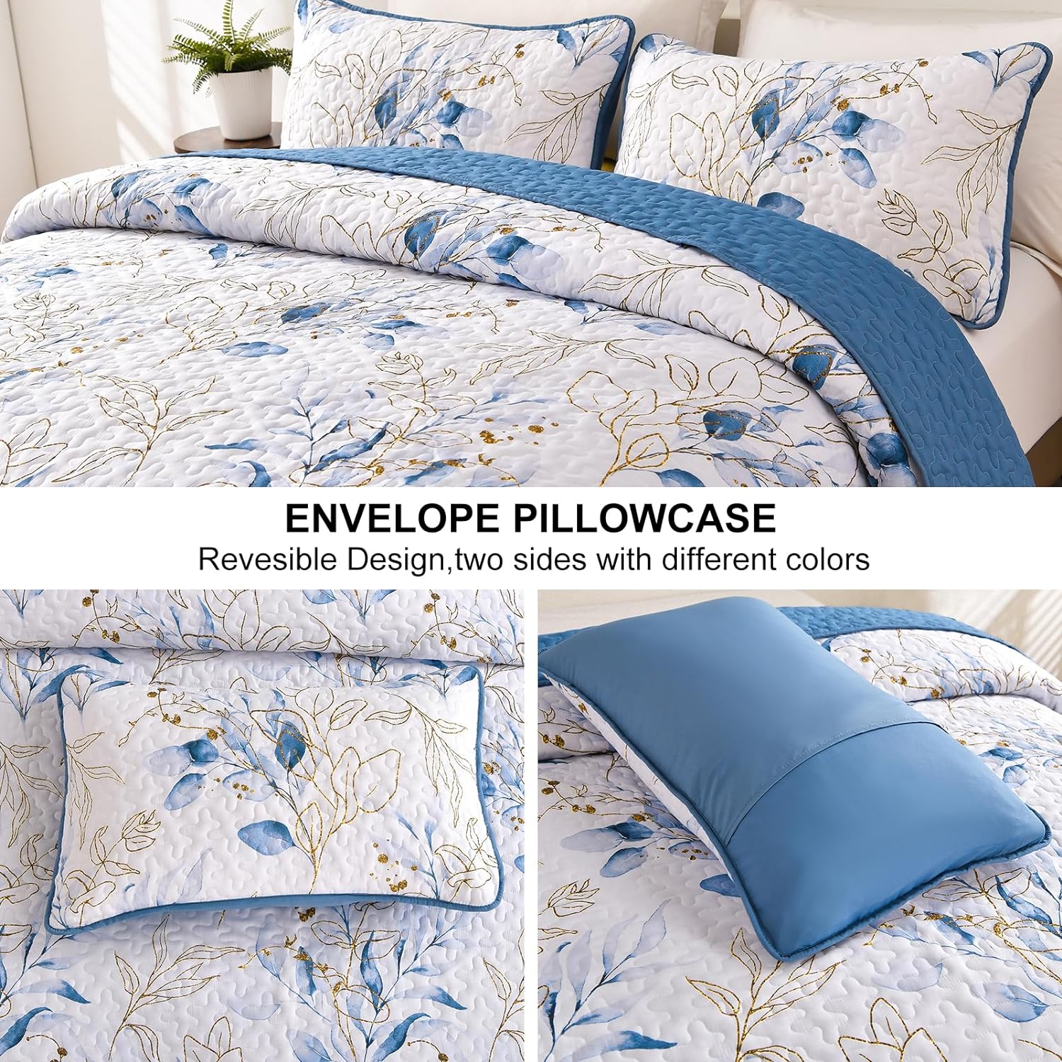 Anibedding Blue Quilt Set Queen 3 Piece