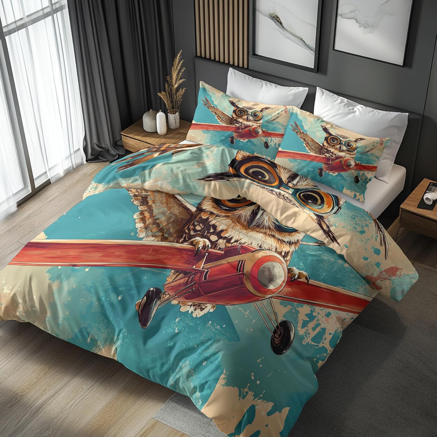 Twin Duvet Cover Owl - Airplane Cartoon Kids Pattern Bedding Set 3 Piece