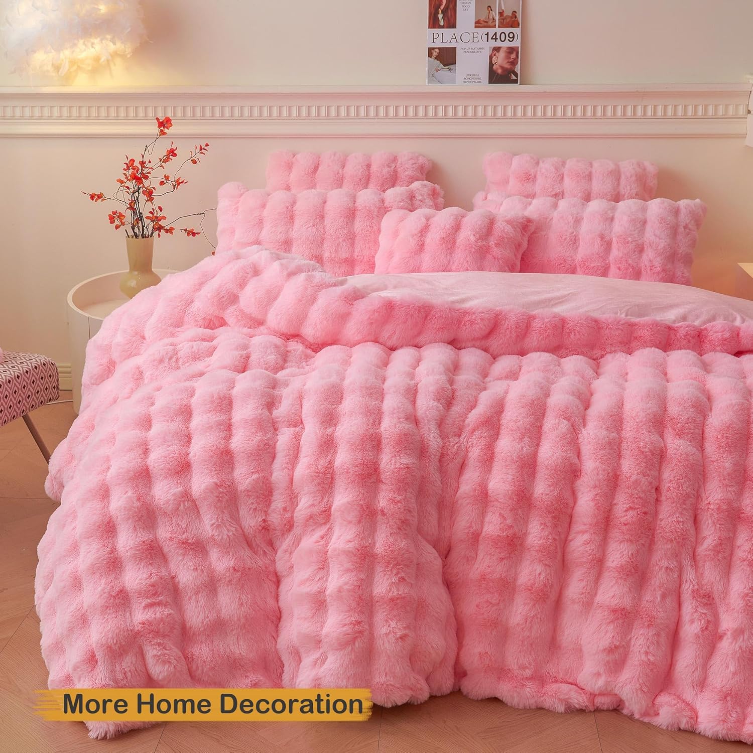 LIFEREVO Fluffy Faux Rabbit Fur Pillow Covers Pink 18x18