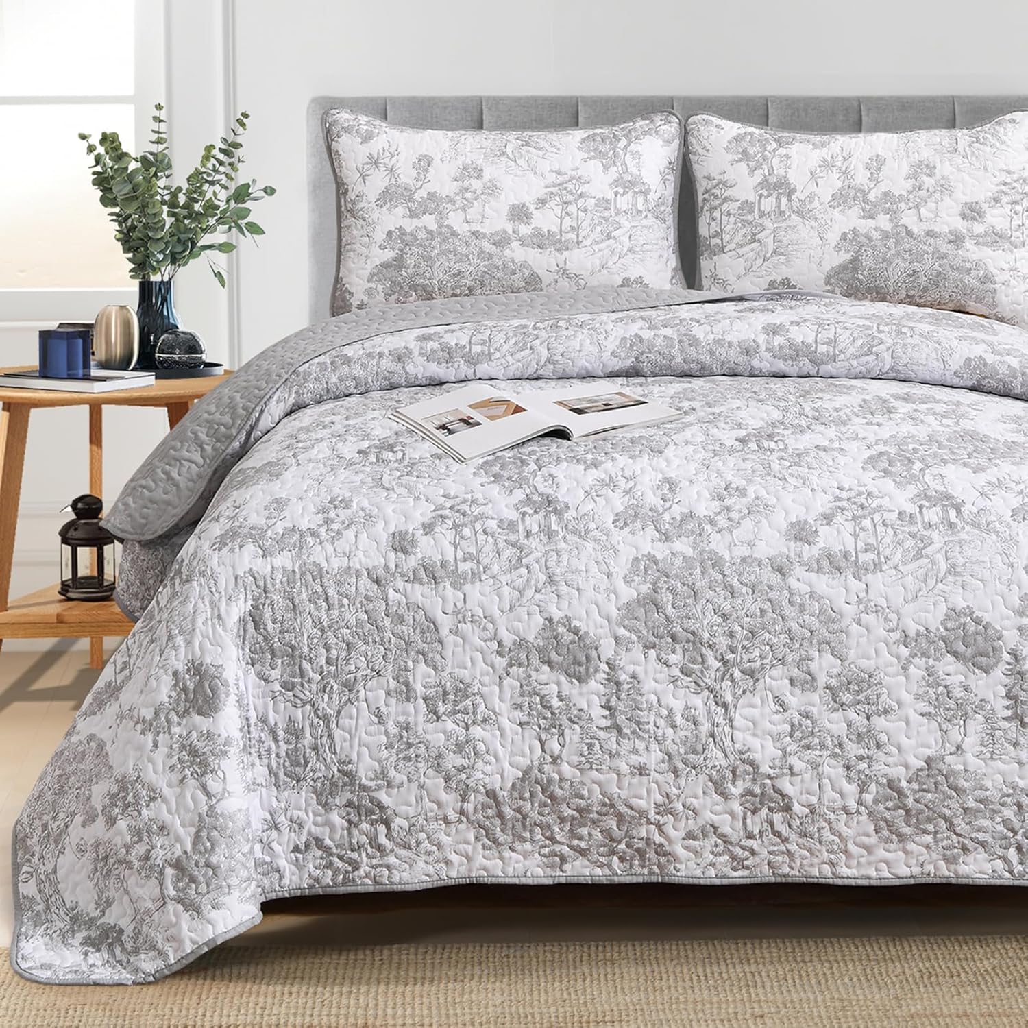 WONGS BEDDING Grey Reversible Quilt Set 3 Piece Full Size