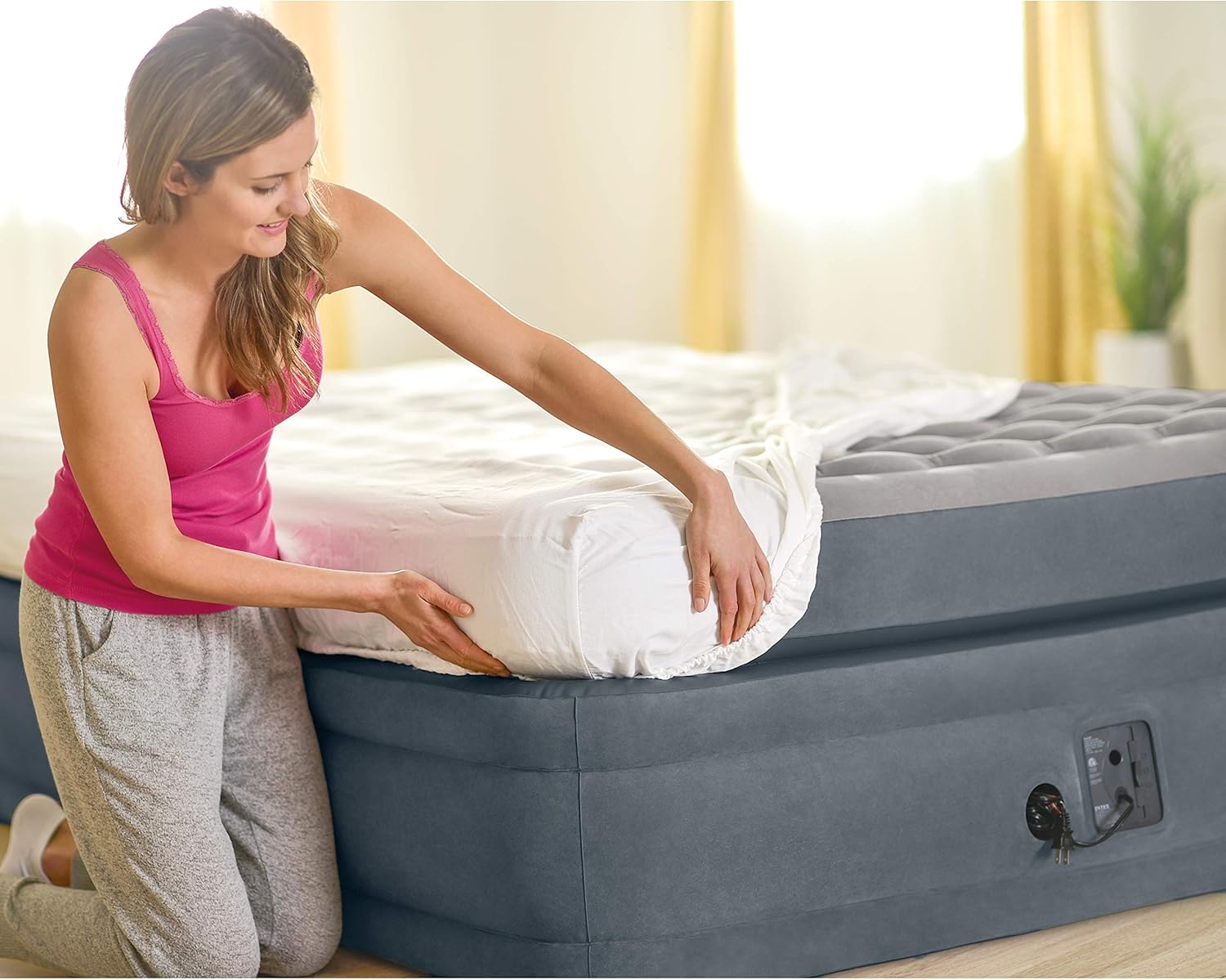 Intex 22in Queen Dura-Beam Deluxe Inflatable Air Mattress with Built-in Pump