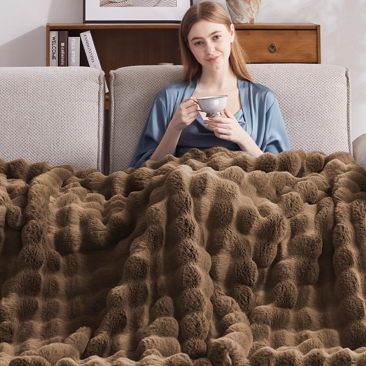 Anysay Heated Blanket Throw 6 Hours Auto-Off 10 Heat Levels Brown