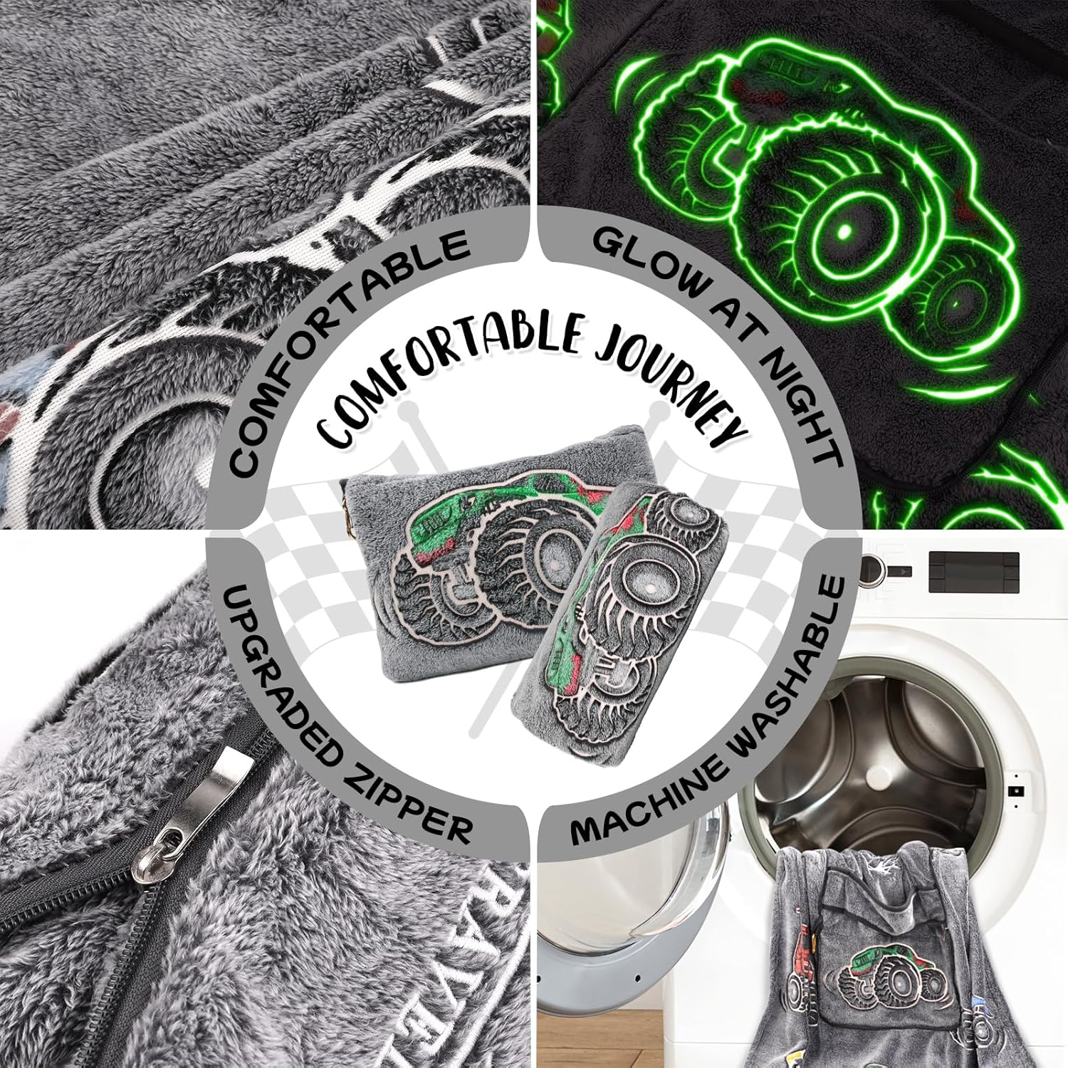 HWING Glow in the Dark Truck Travel Blanket Pillow