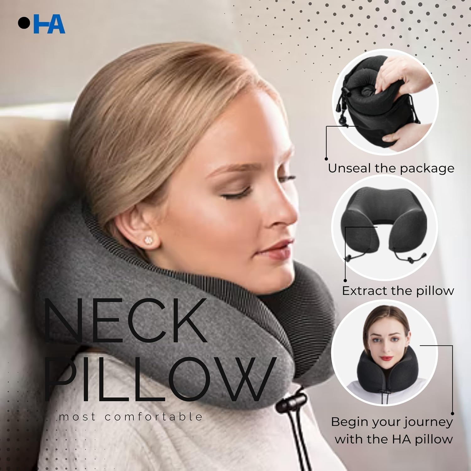 HA Travel Neck Pillow with Eye Mask and Luxury Bag - Dark Gray