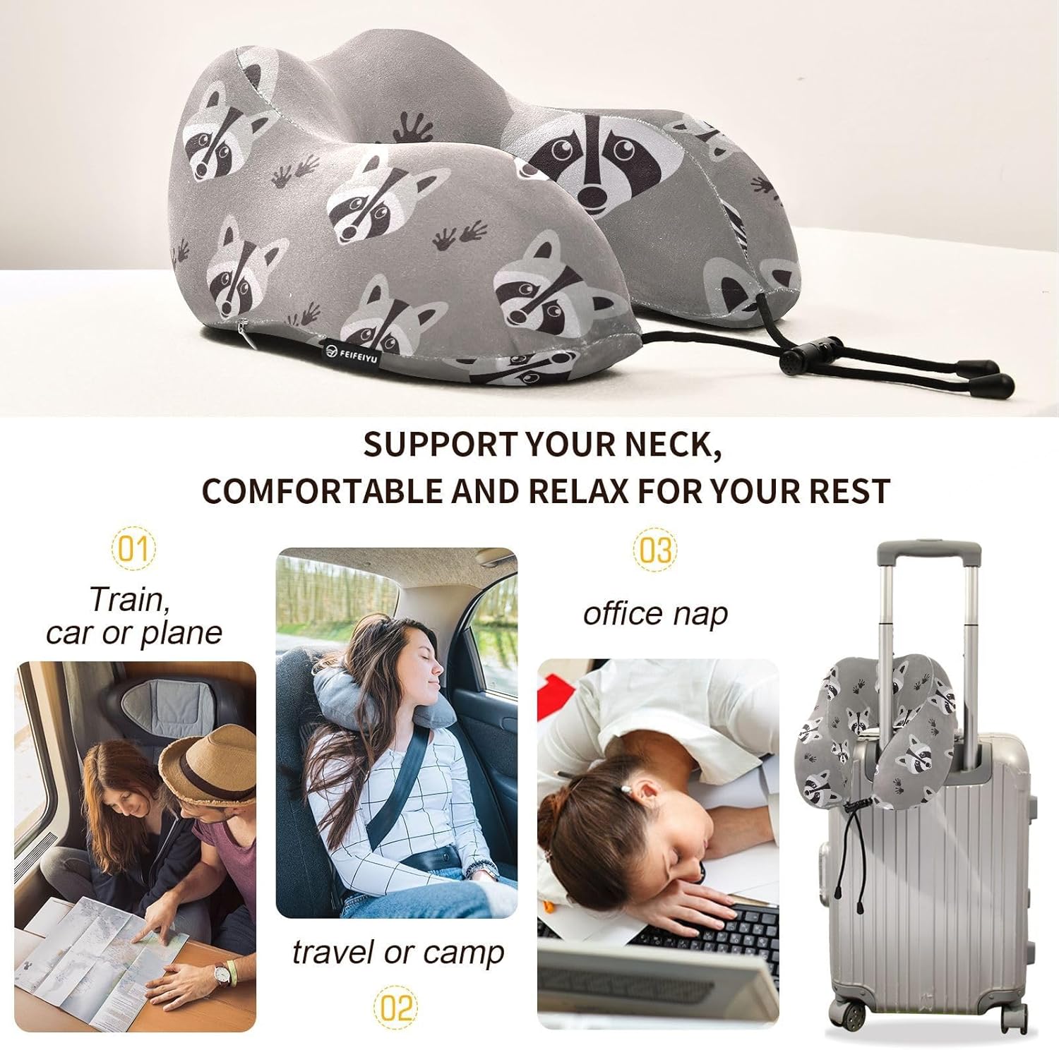 KOPIRIT Raccoon Travel Pillow for Neck Support and Comfort