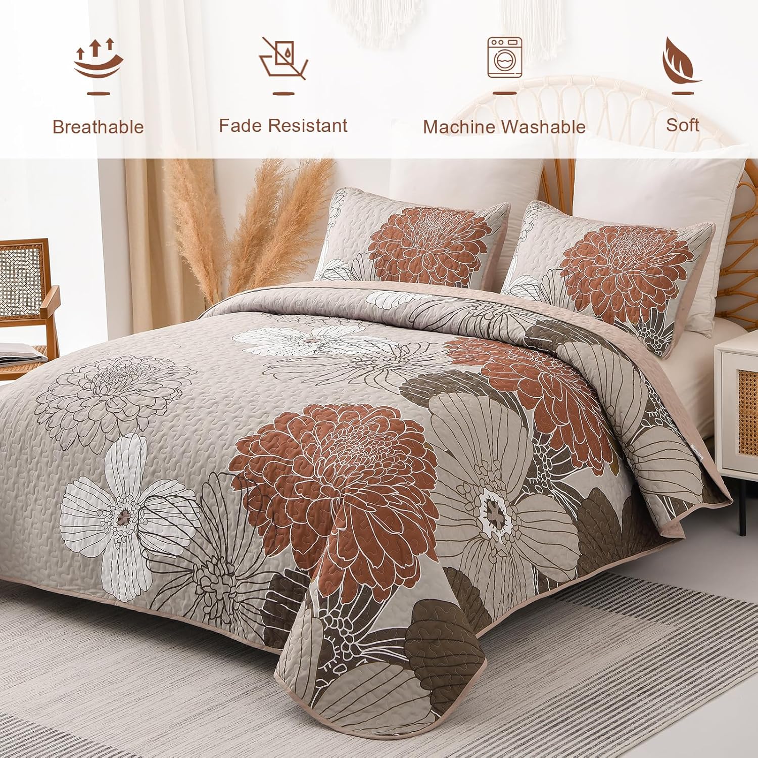 Anibedding King Quilt Set Brown Floral Pattern 3 Piece 1