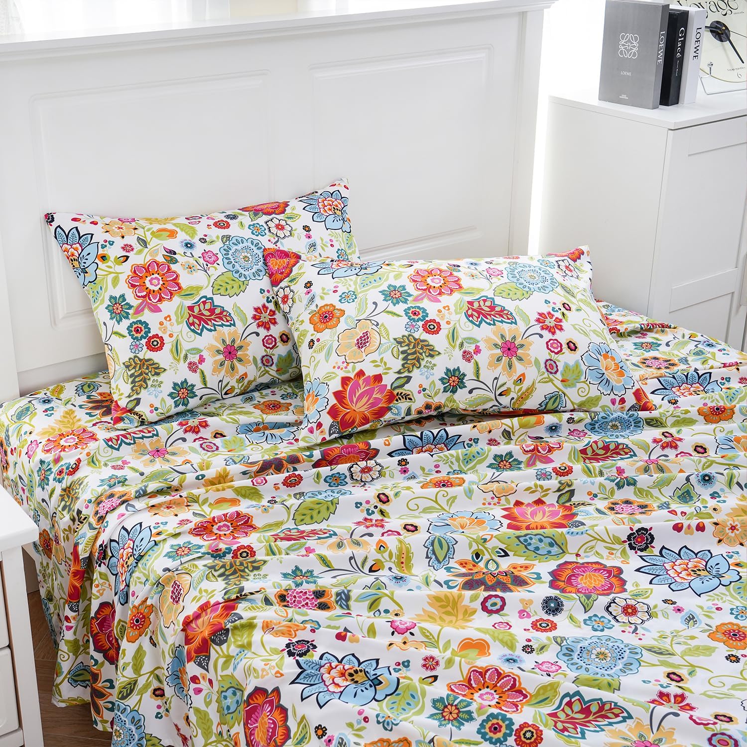 MEISHANG Queen Sheet Set - Floral Deep Pocket Ultra Soft Microfiber