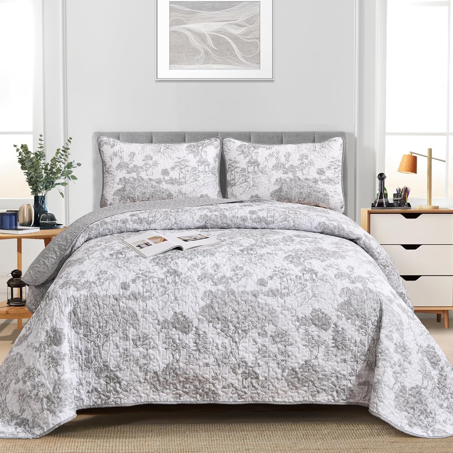 WONGS BEDDING Grey Reversible Quilt Set 3 Piece Full Size