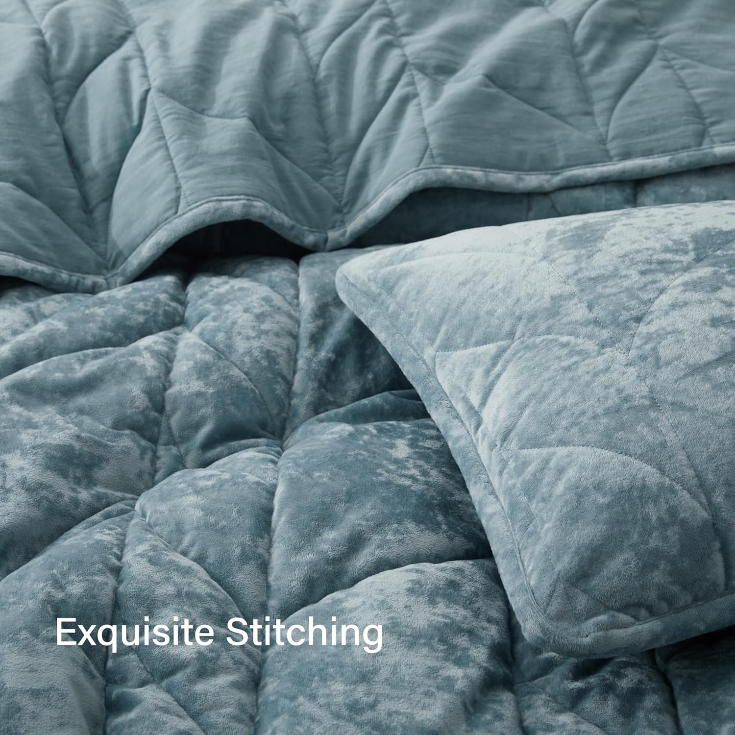 Oli Anderson Velvet Quilt Set Queen Size - Ash Blue 3PCS