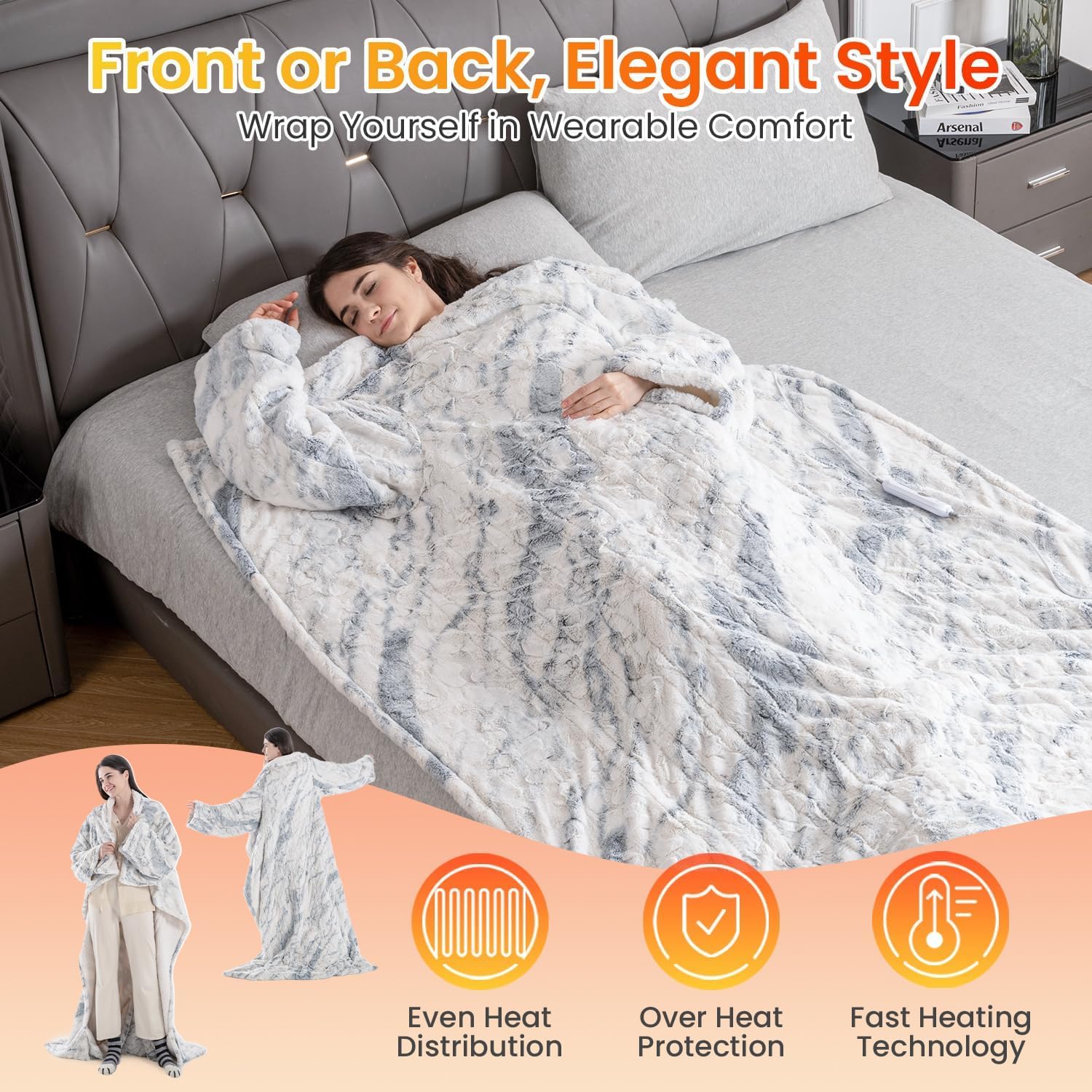 WOOMER Wearable Electric Blanket 50x70 with Faux Fur and Sherpa