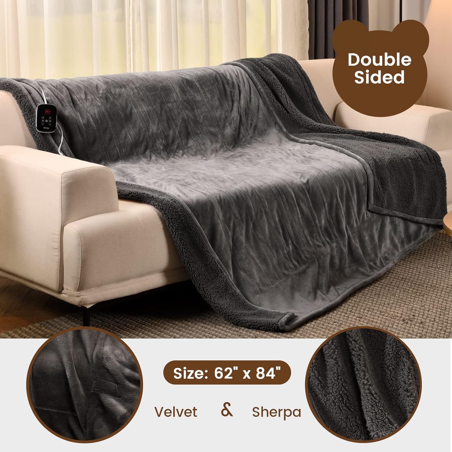 Bearhug Heated Throw Blanket with Dual Controller 62 x 84 Gray-Velvet Sherpa