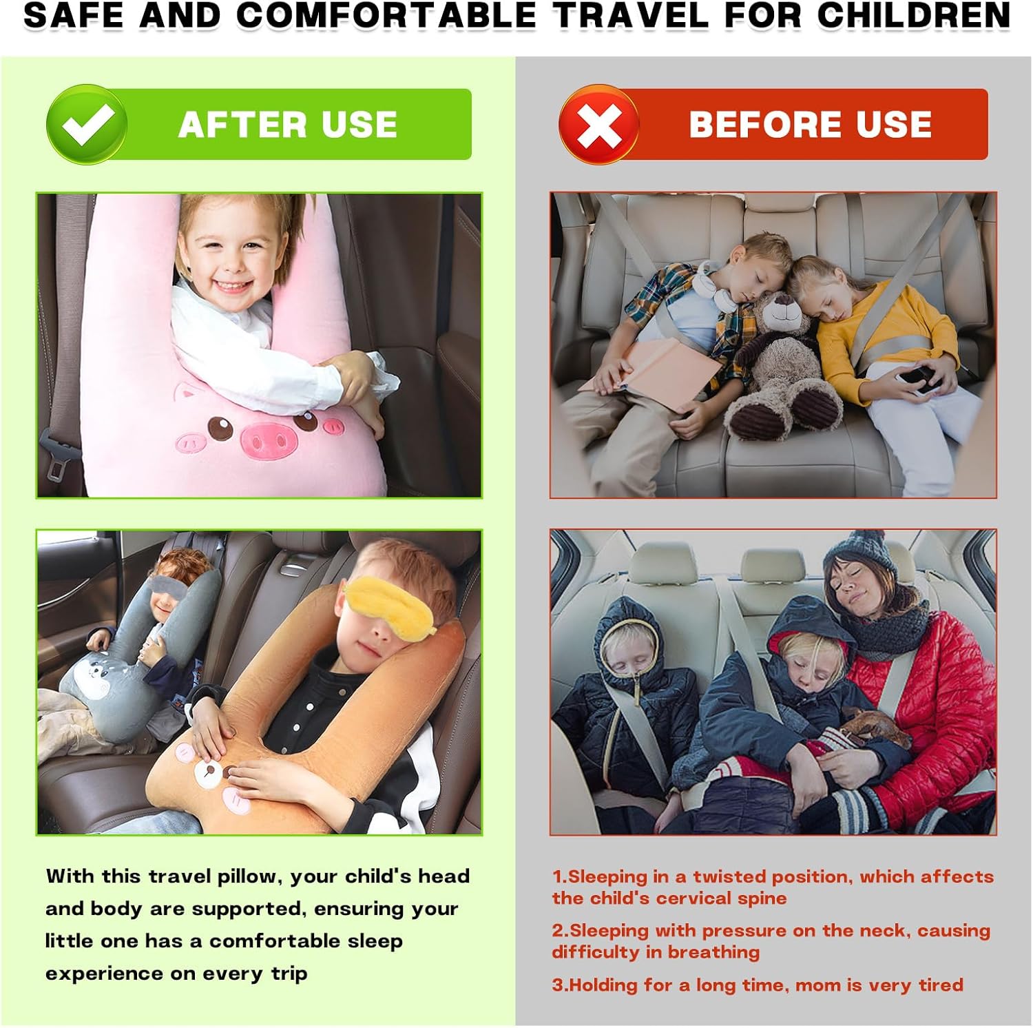 Longhuo Kids Travel Pillow U Shaped Car Seat Support