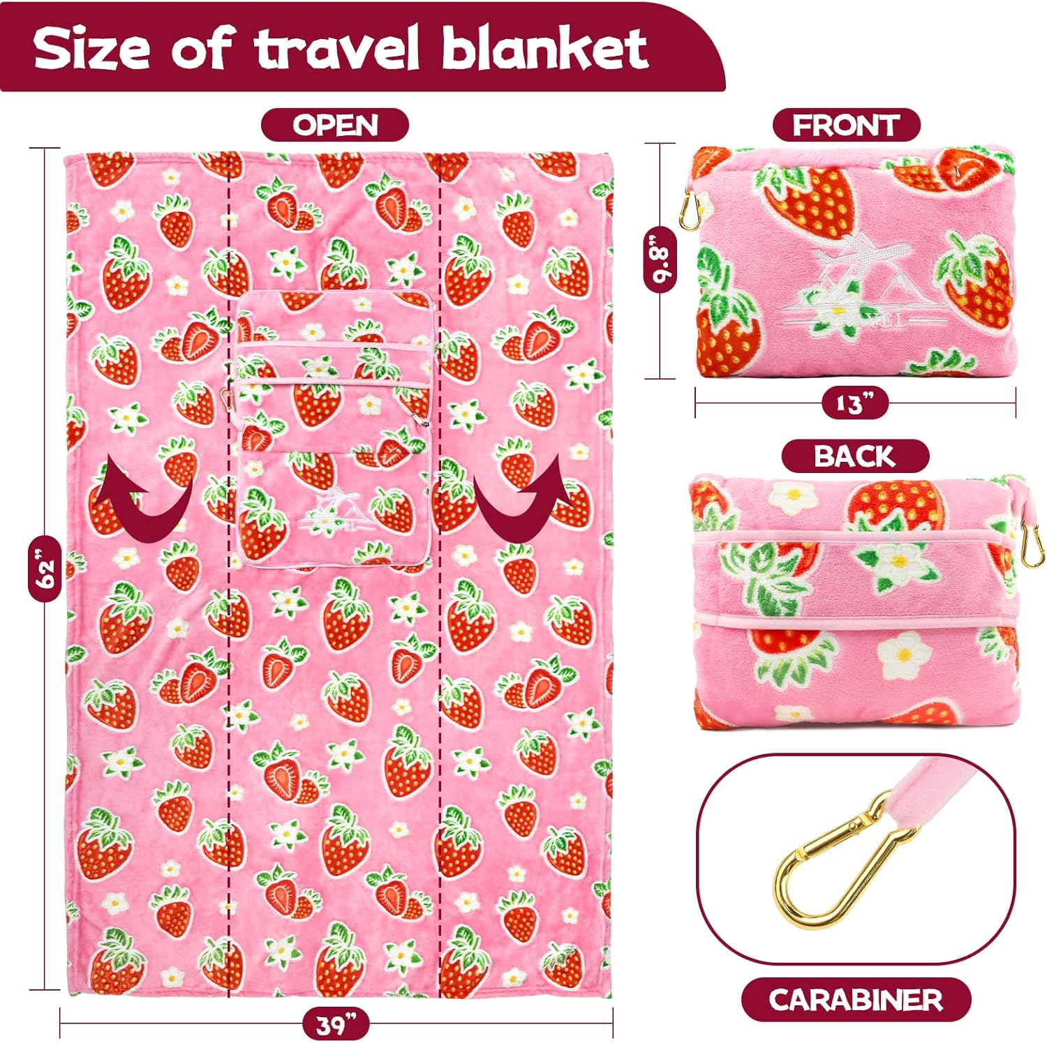 Glow in The Dark Strawberry Travel Blanket and Pillow Set