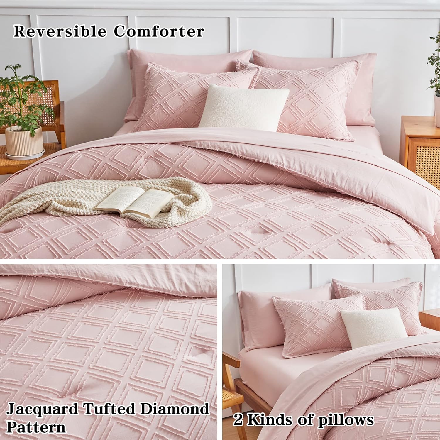 Flysheep 6-Piece Tufted Bed-in-a-Bag Comforter Set Blush Pink