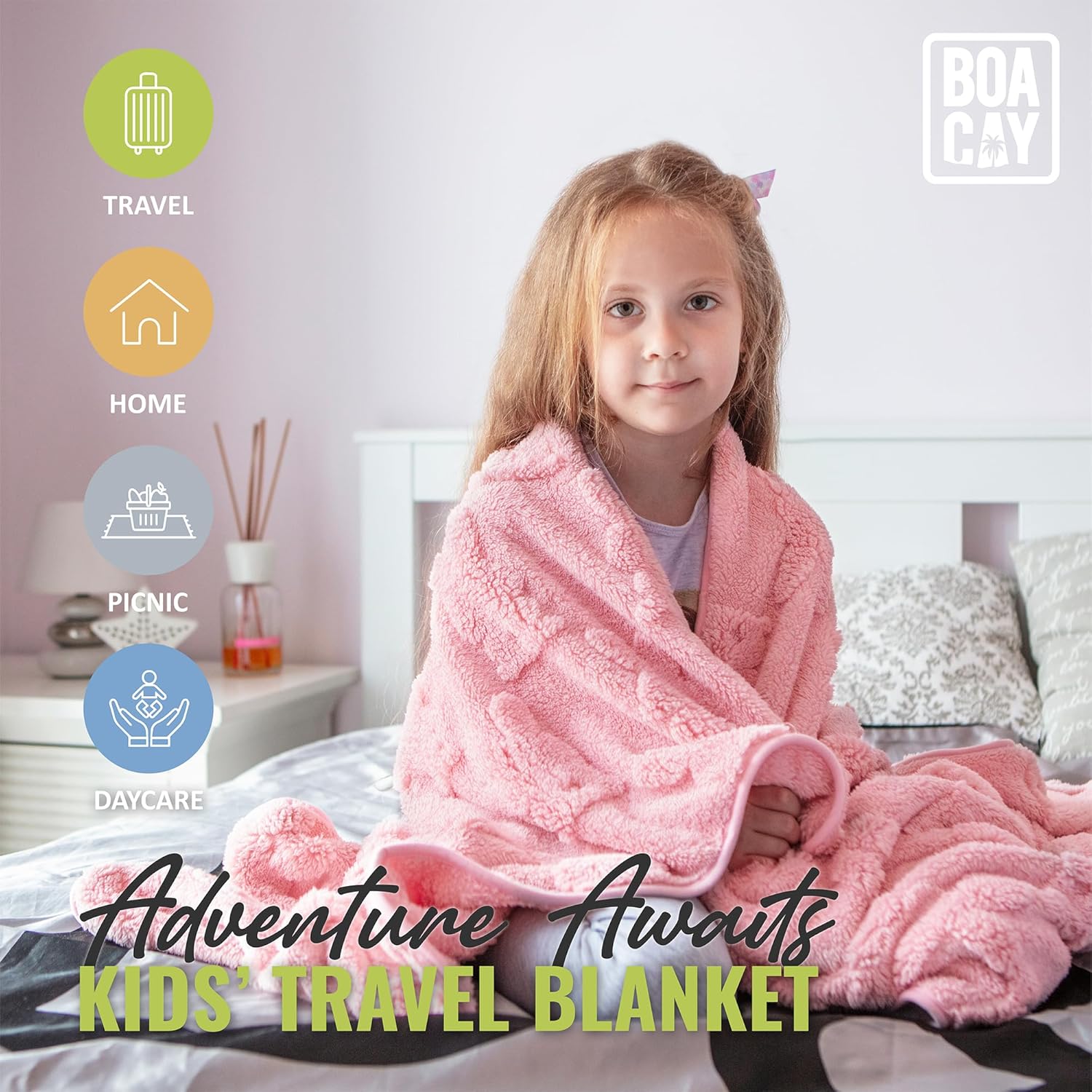 BOACAY Travel Toddler Blanket - Soft Kids Throw with Backpack Clip and Pillow Design