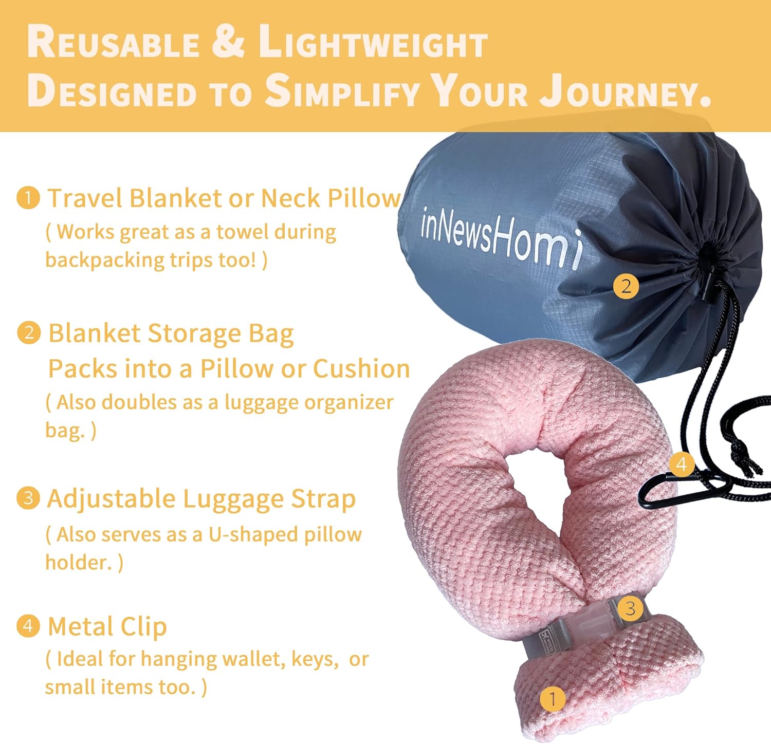 INNEWSHOMI Travel Blanket with Pillow Pink